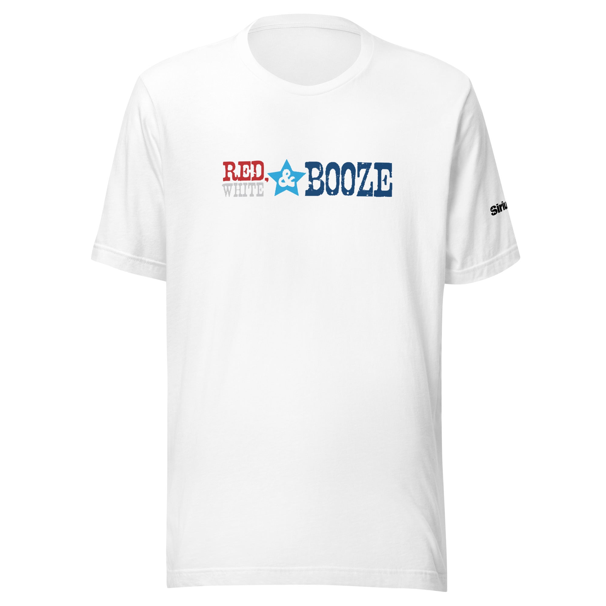 White t-shirt featuring the text 'RED, WHITE & BOOZE' in red, blue, and a star graphic.