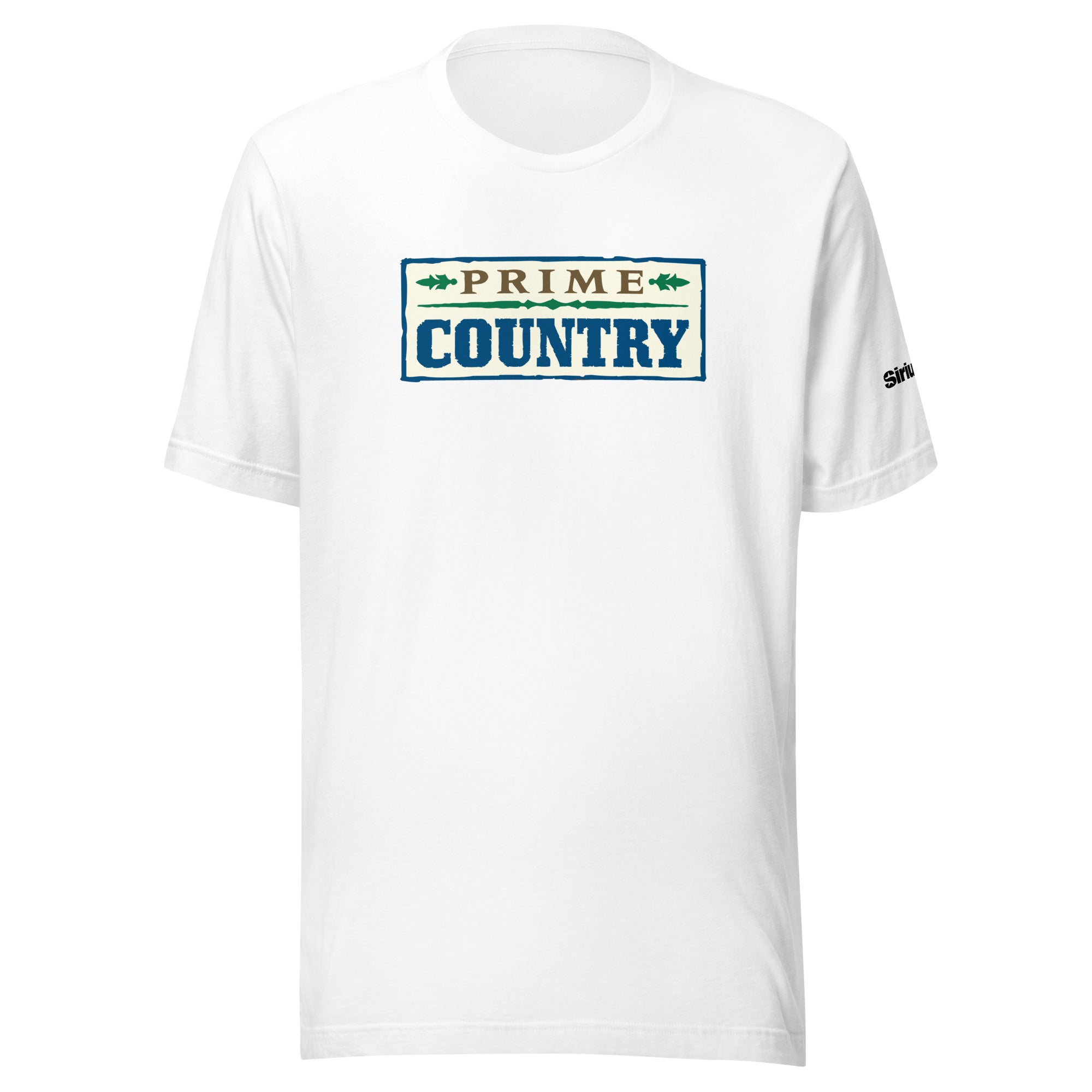 White t-shirt with 'PRIME COUNTRY' graphic in brown, blue and green, featuring short sleeves.