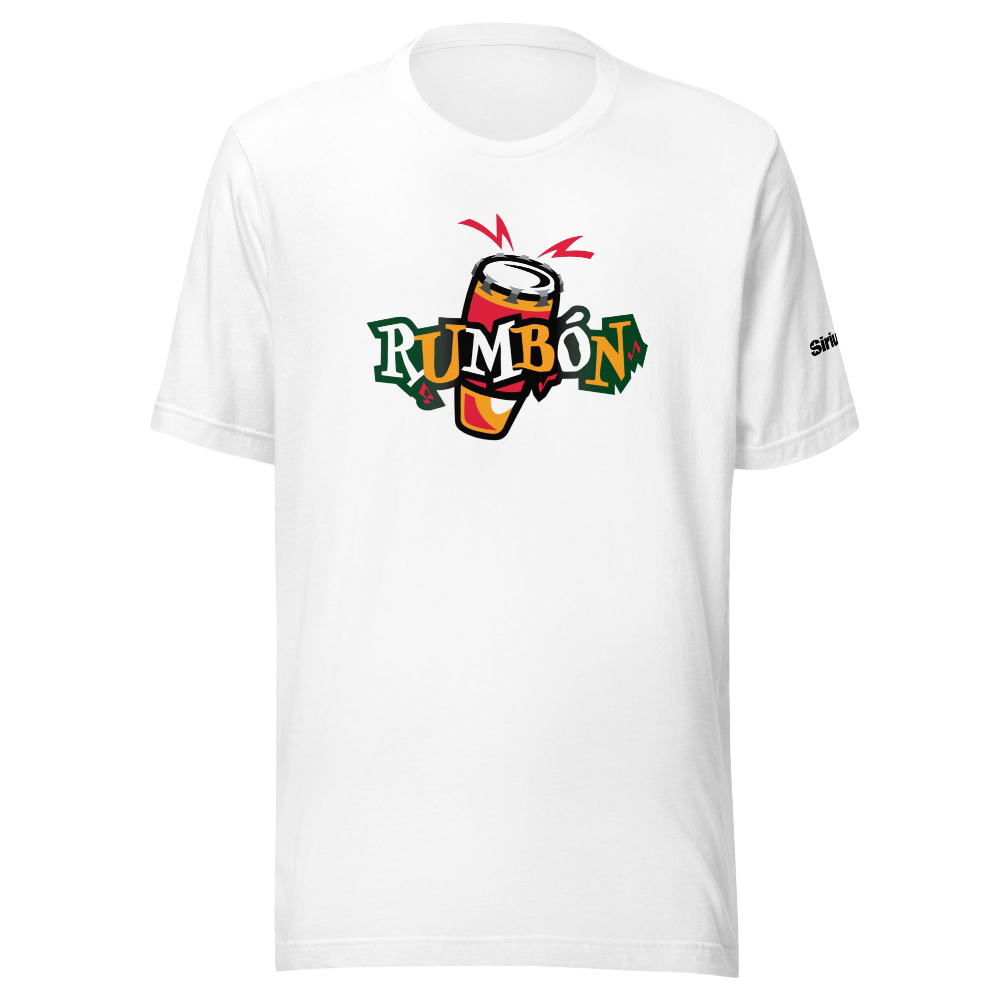 White t-shirt featuring a vibrant 'RUMBÓN' logo with a drum and dynamic graphics.