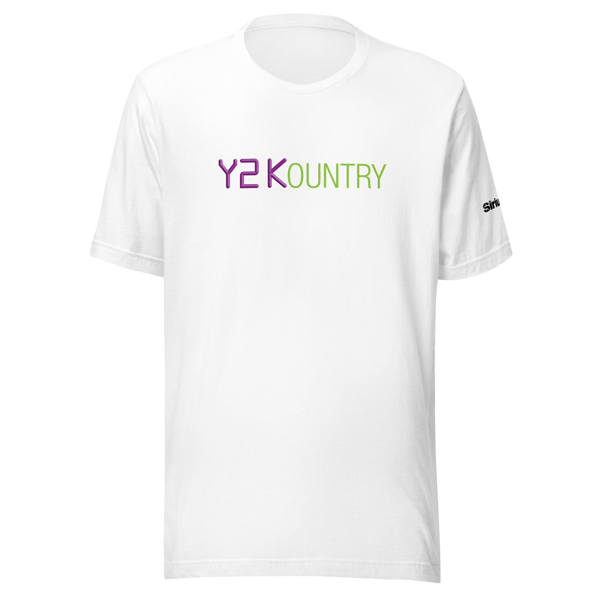 White t-shirt featuring 'Y2KOUNTRY' logo in vivid purple and green.