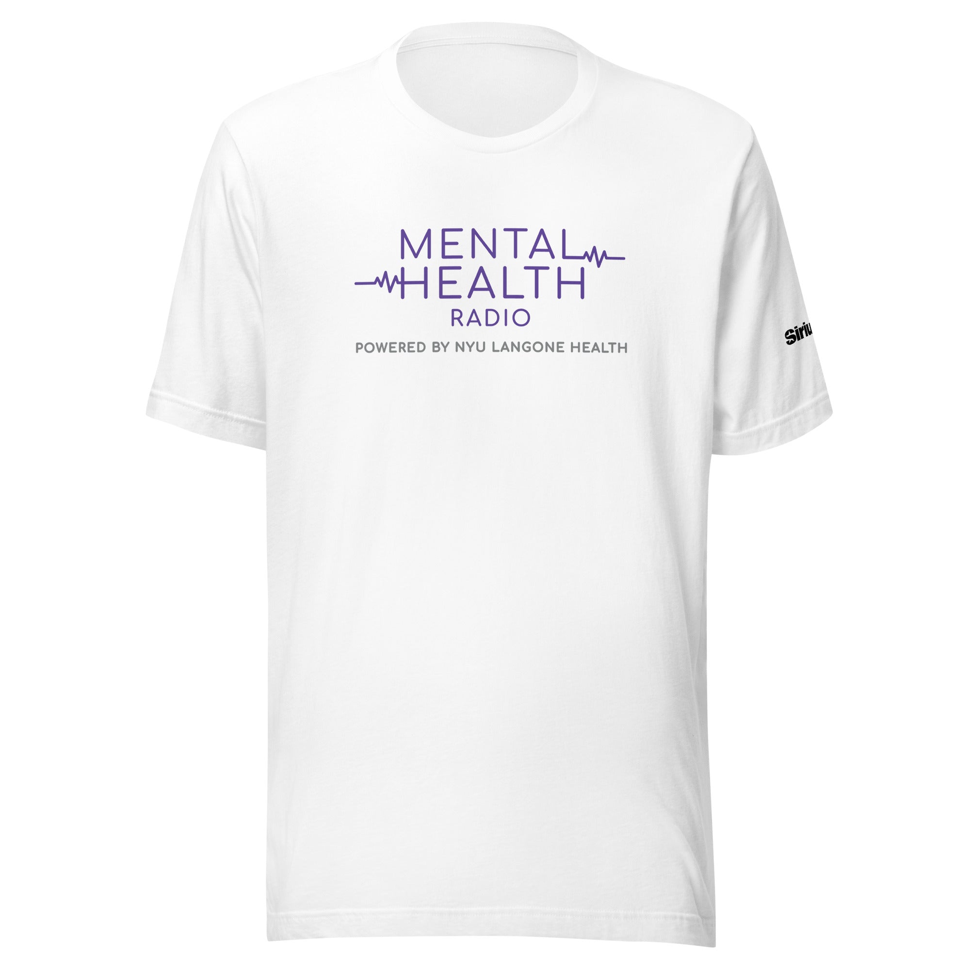 White t-shirt with 'MENTAL HEALTH RADIO' black and light purple text, 'powered by NYU Langone Health', and a 'SiriusXM logo' on the sleeve.