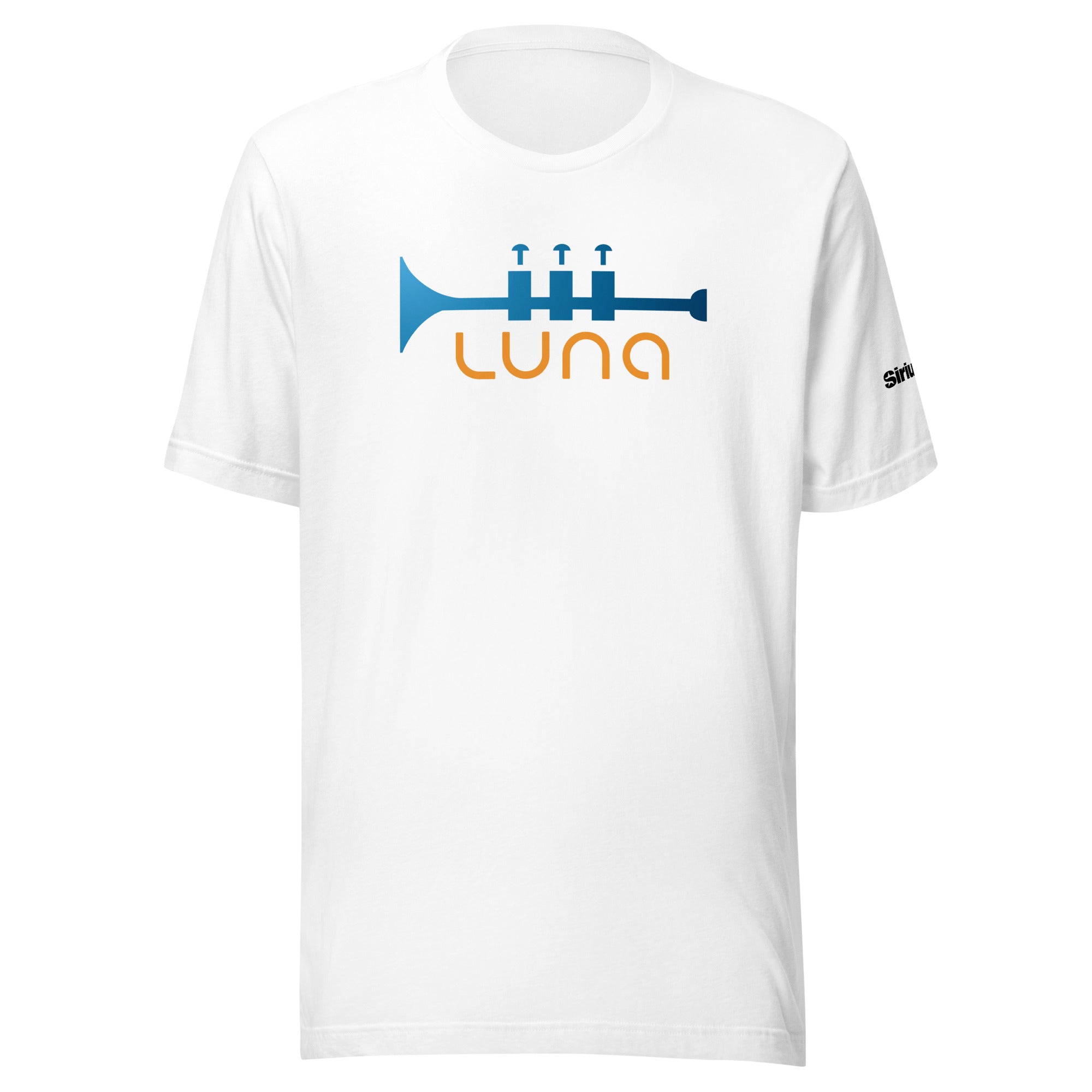 White t-shirt featuring a blue trumpet graphic and the word 'LUNA' in orange.