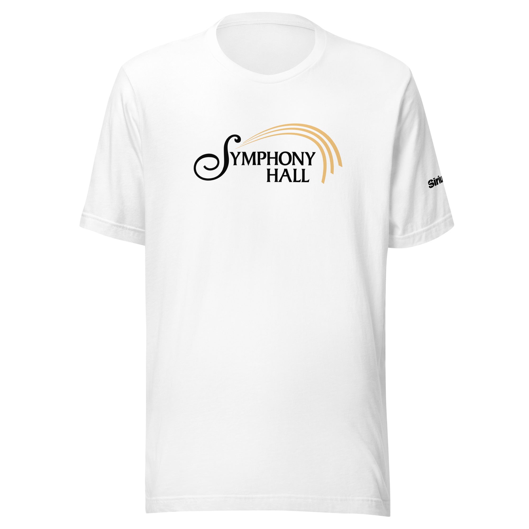 White t-shirt featuring the text 'Symphony Hall' in stylized black and gold font.
