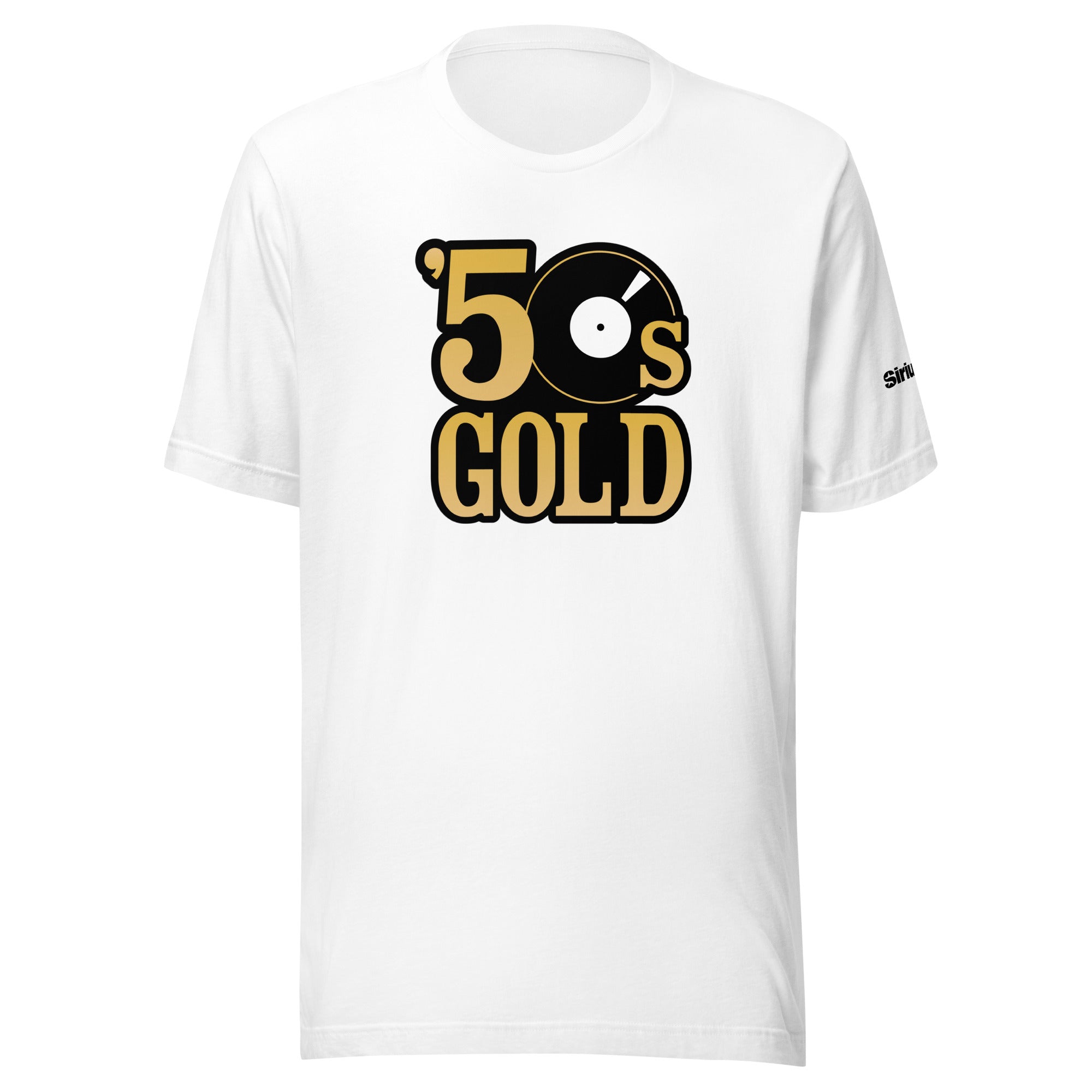 White t-shirt featuring the text ''50s GOLD' with a vinyl record graphic in black and gold.