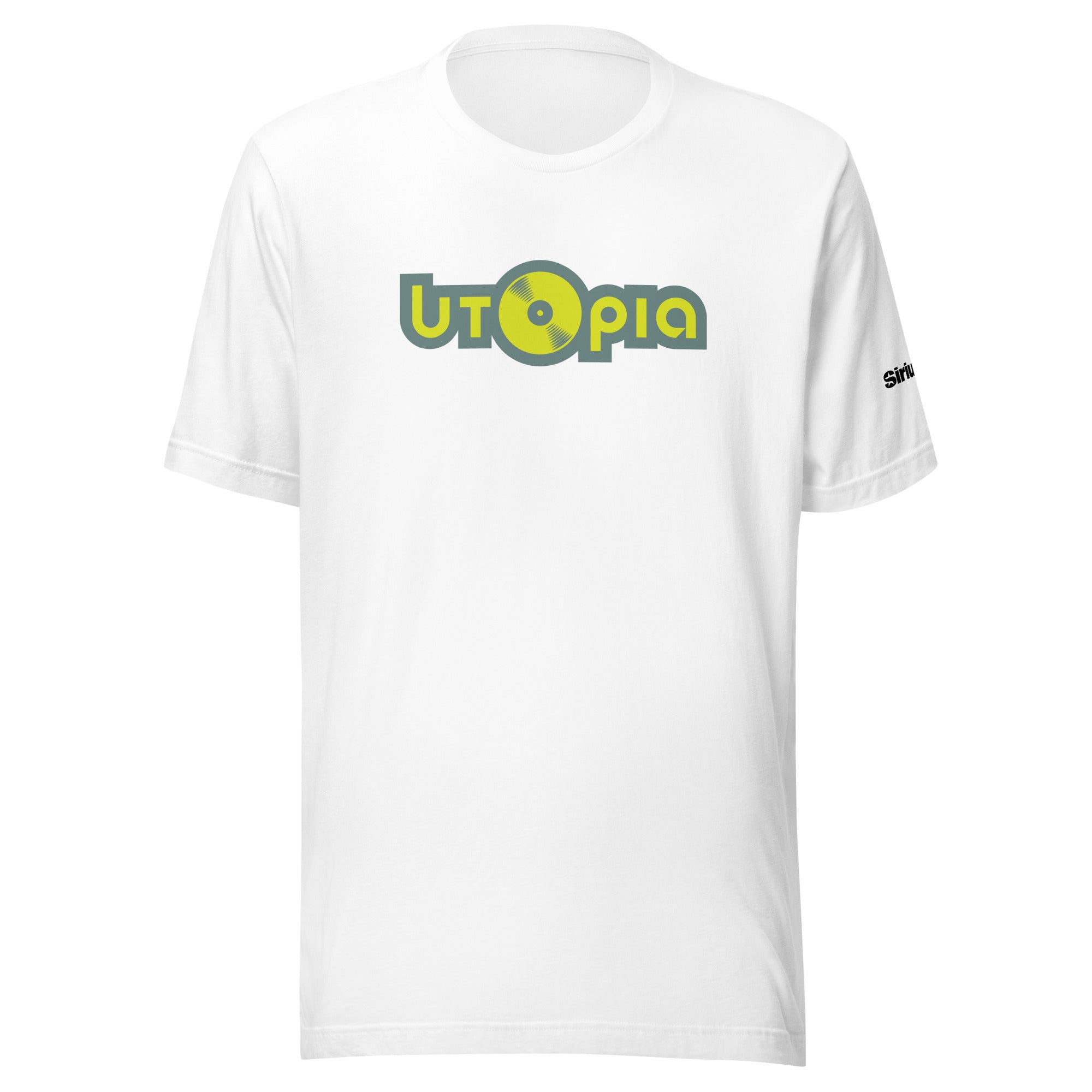 White t-shirt featuring the word 'Utopia' in green and yellow with a vinyl record design.