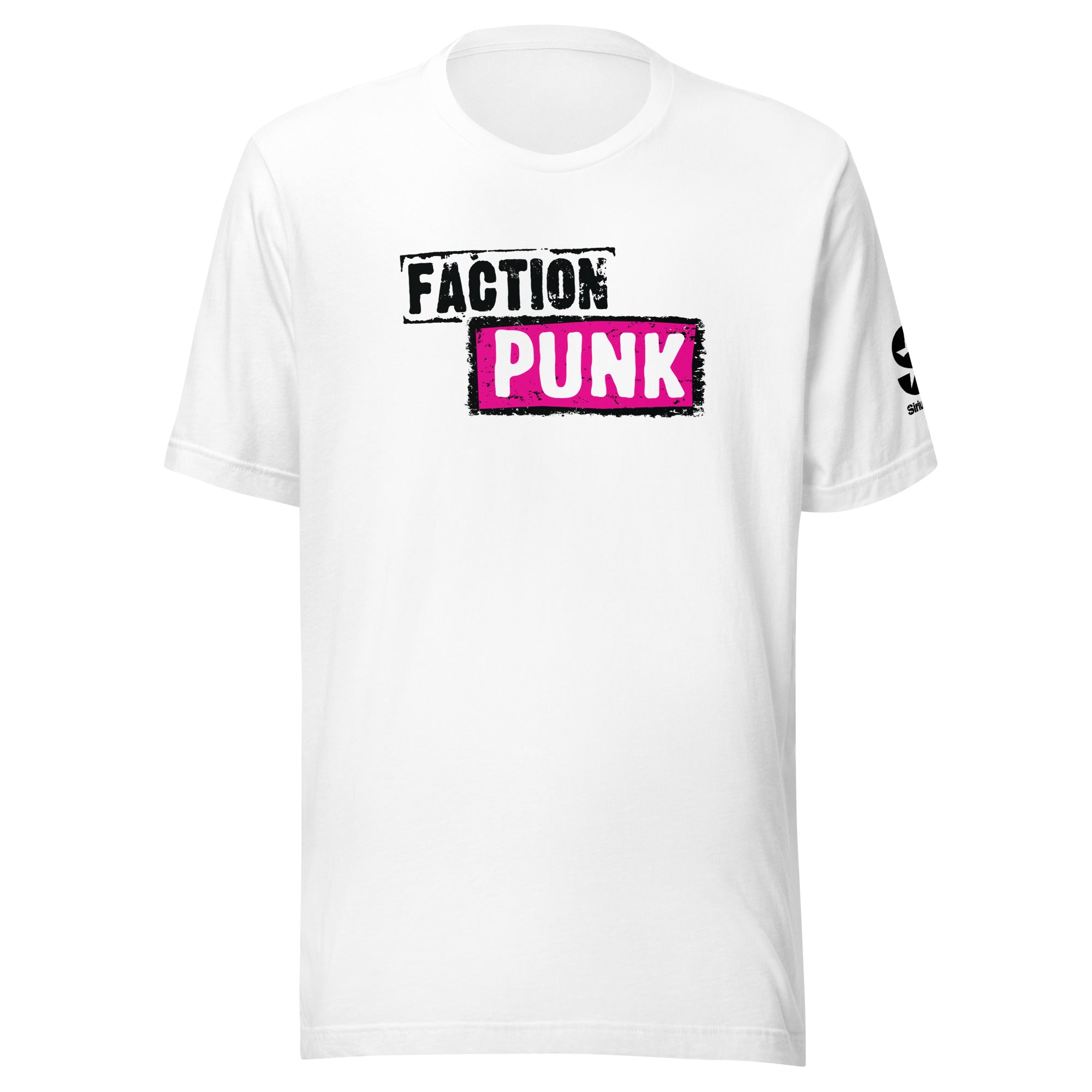 White t-shirt with 'FACTION' in black and 'PUNK' in pink, featuring a simple design.