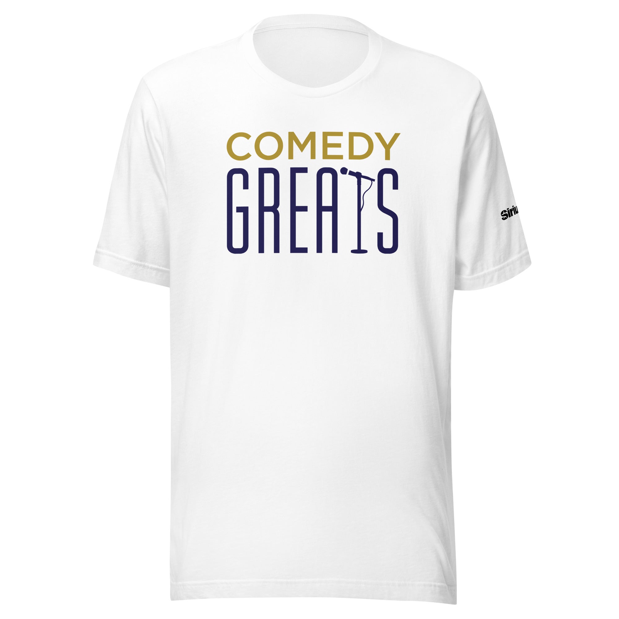 White t-shirt featuring the text 'COMEDY GREATS' in gold and purple with a microphone graphic.