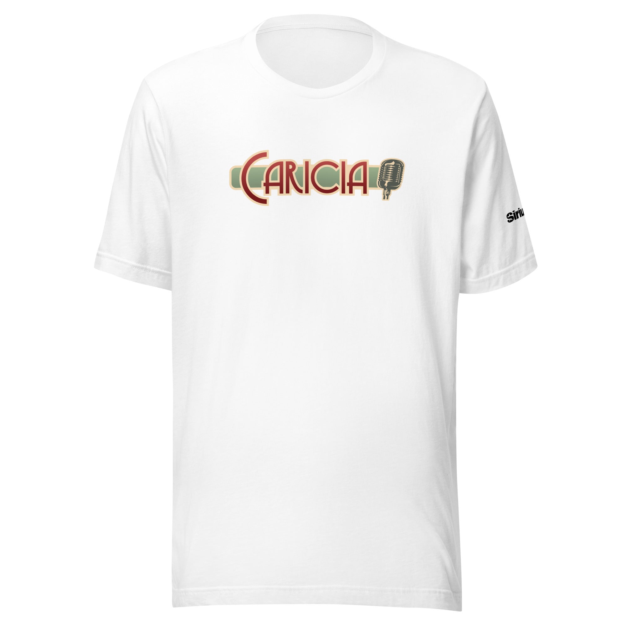 White t-shirt featuring the word 'CARICIA' in ruby and green with a vintage microphone design.