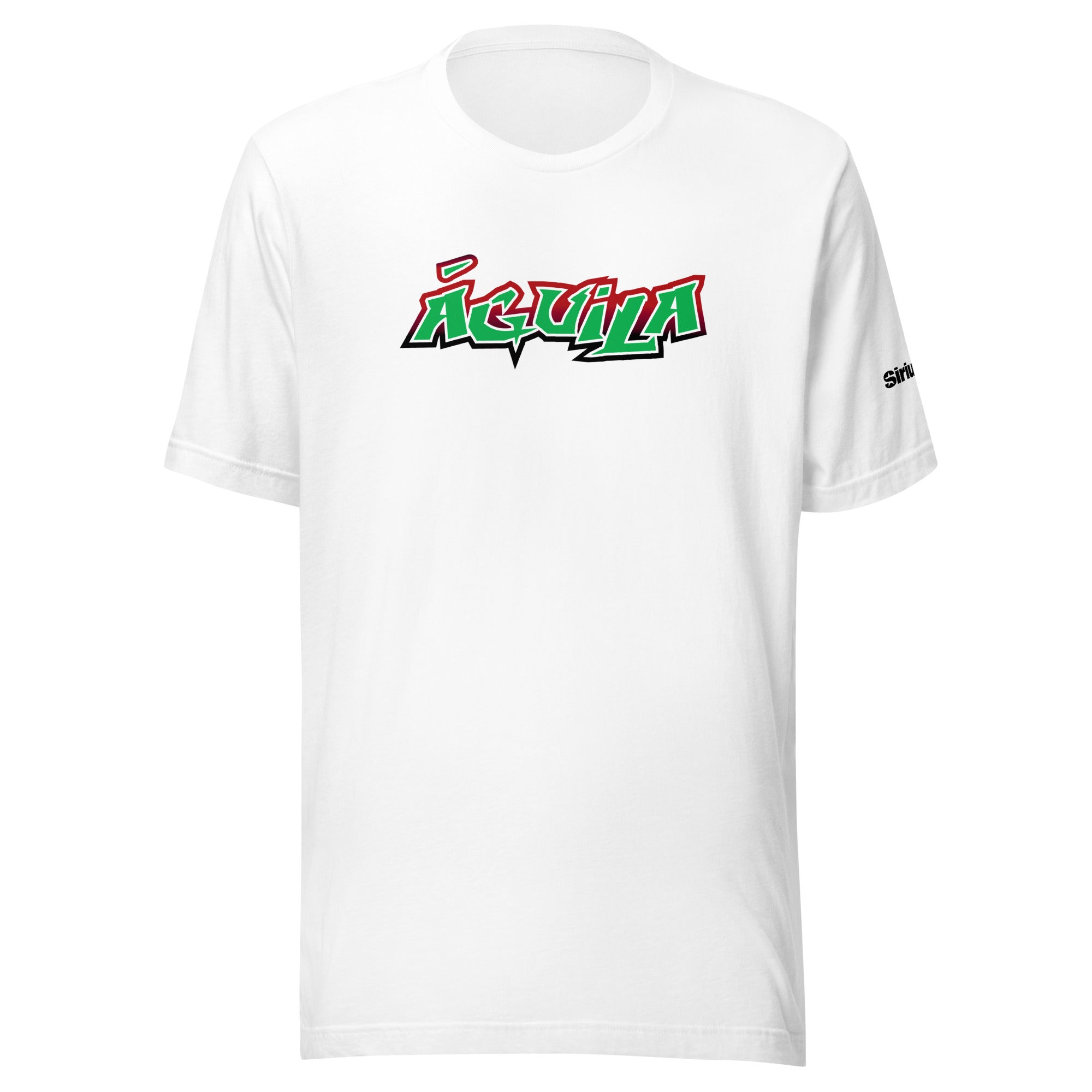 White t-shirt featuring 'Águila' in colorful red, green and black stylized text.