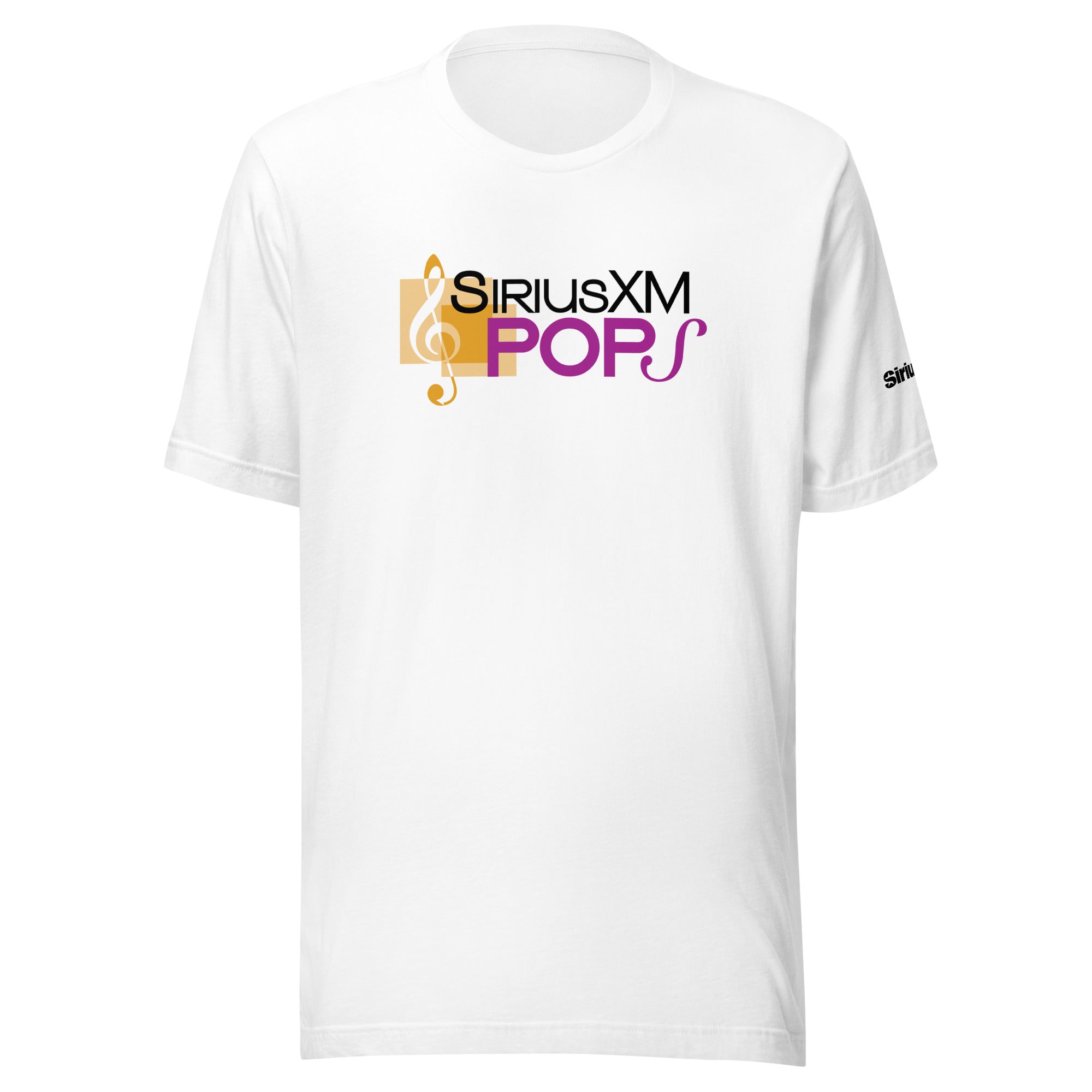 White t-shirt featuring the 'SiriusXM Pops' logo in black, gold, and purple.