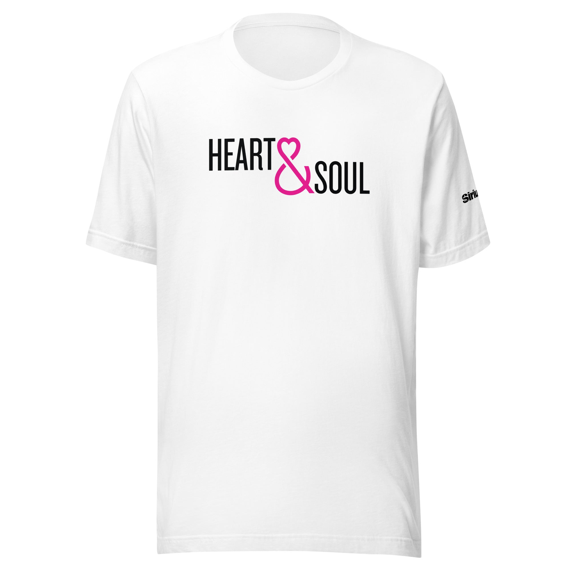 White t-shirt featuring the text 'HEART & SOUL' in black and pink font.