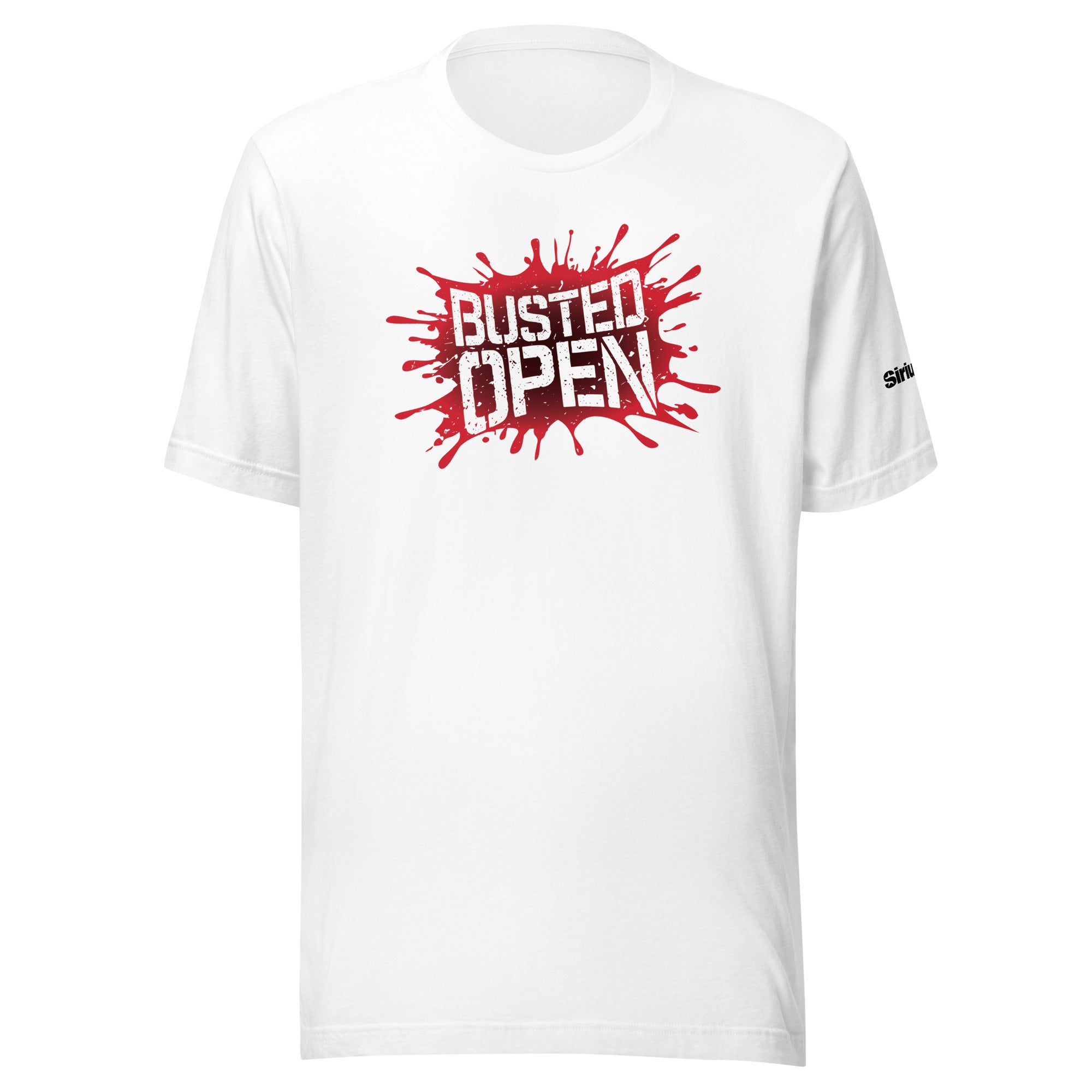 White t-shirt featuring a bold red 'BUSTED OPEN' graphic with splatter design.