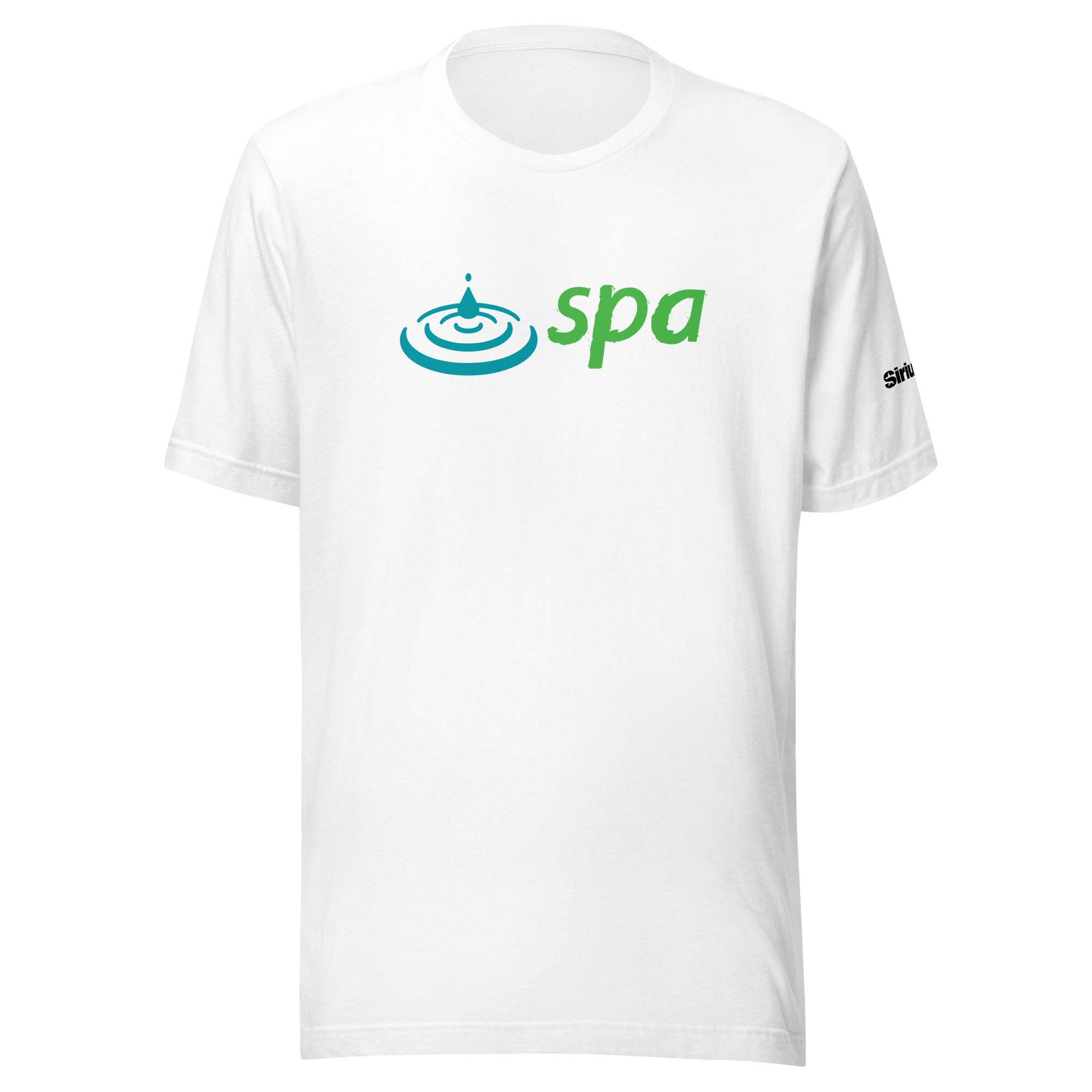 White t-shirt with 'spa' text in green and a water droplet graphic in blue..