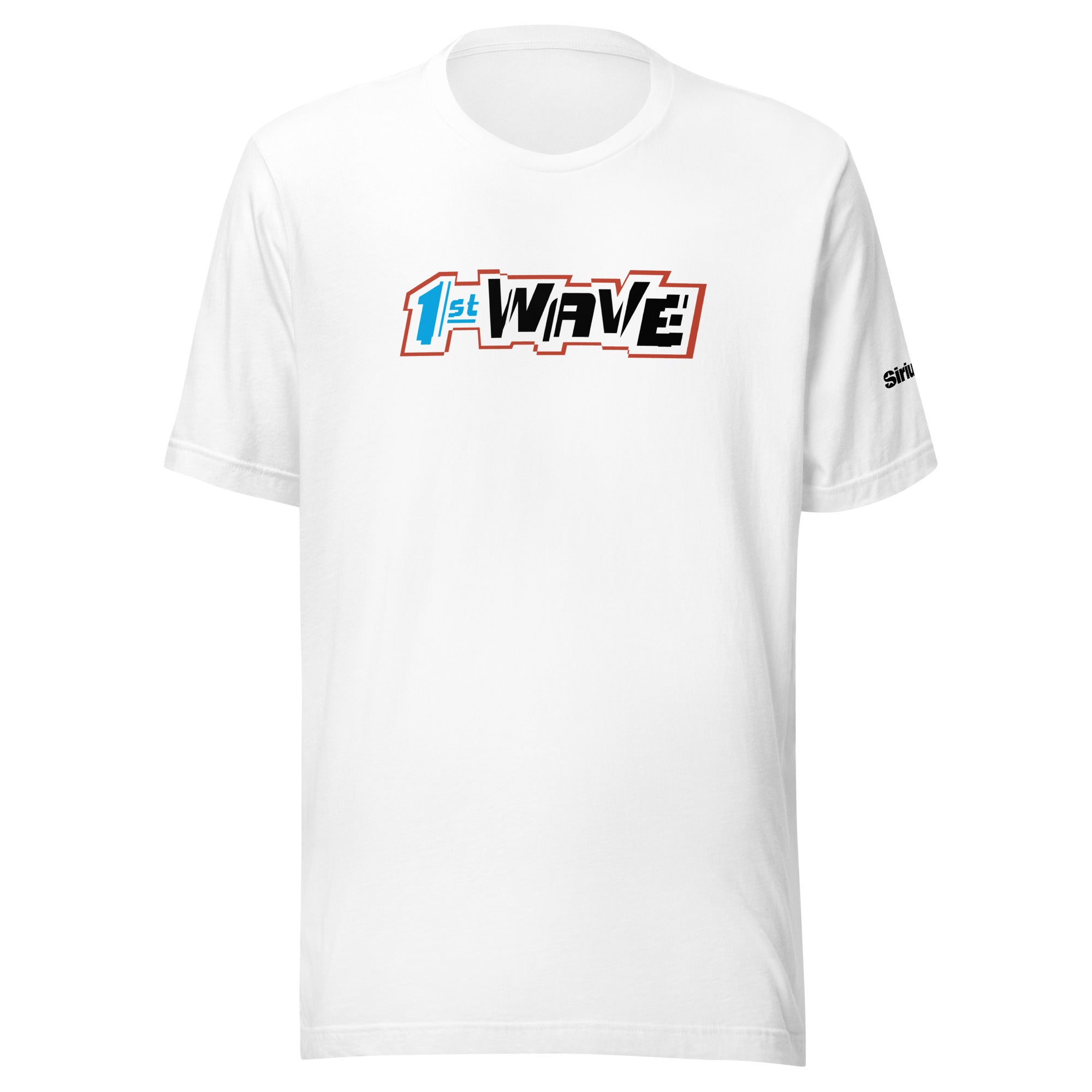White t-shirt featuring the stylized text '1st WAVE' in black, blue, and red.