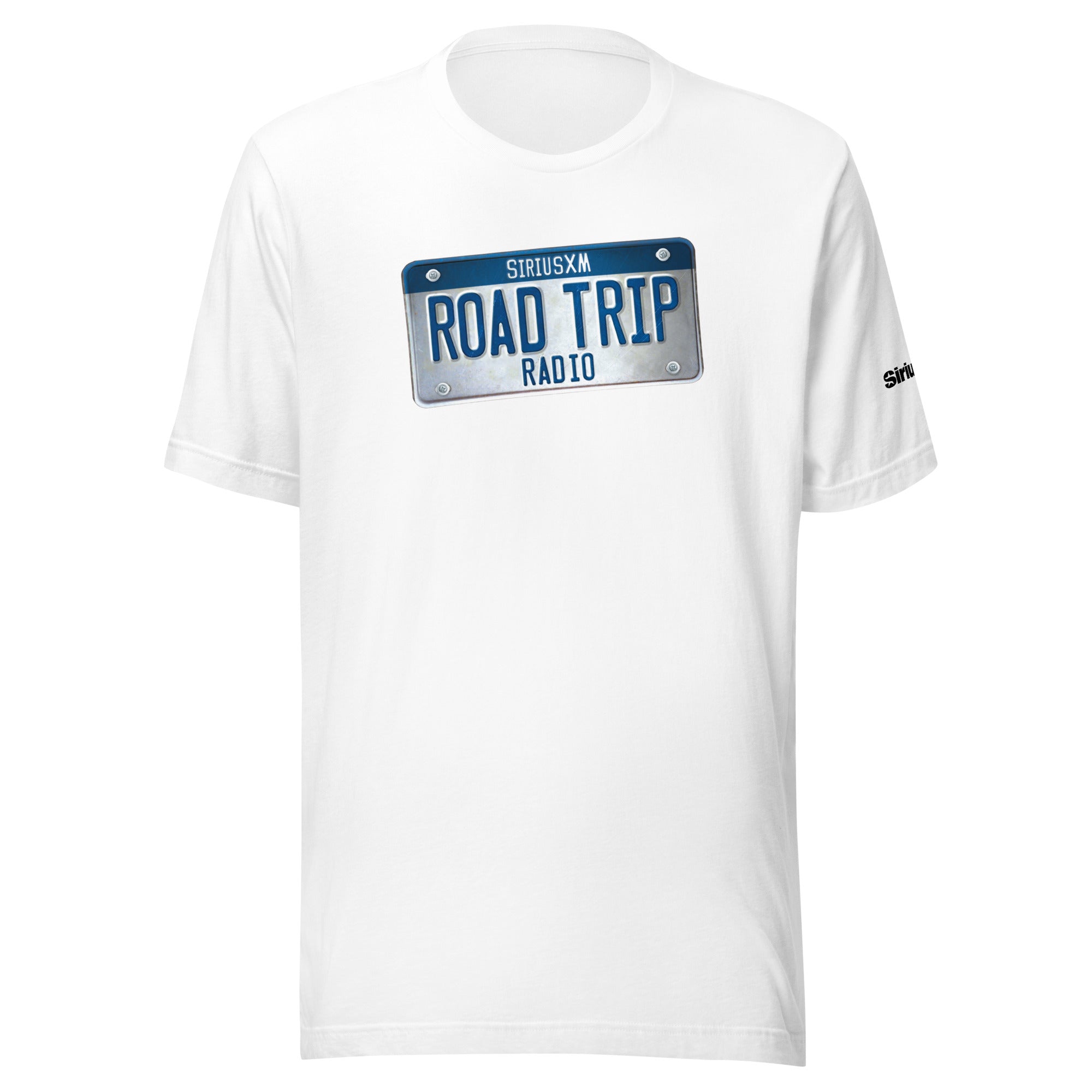 White t-shirt featuring a blue  and white 'ROAD TRIP RADIO' license plate graphic.