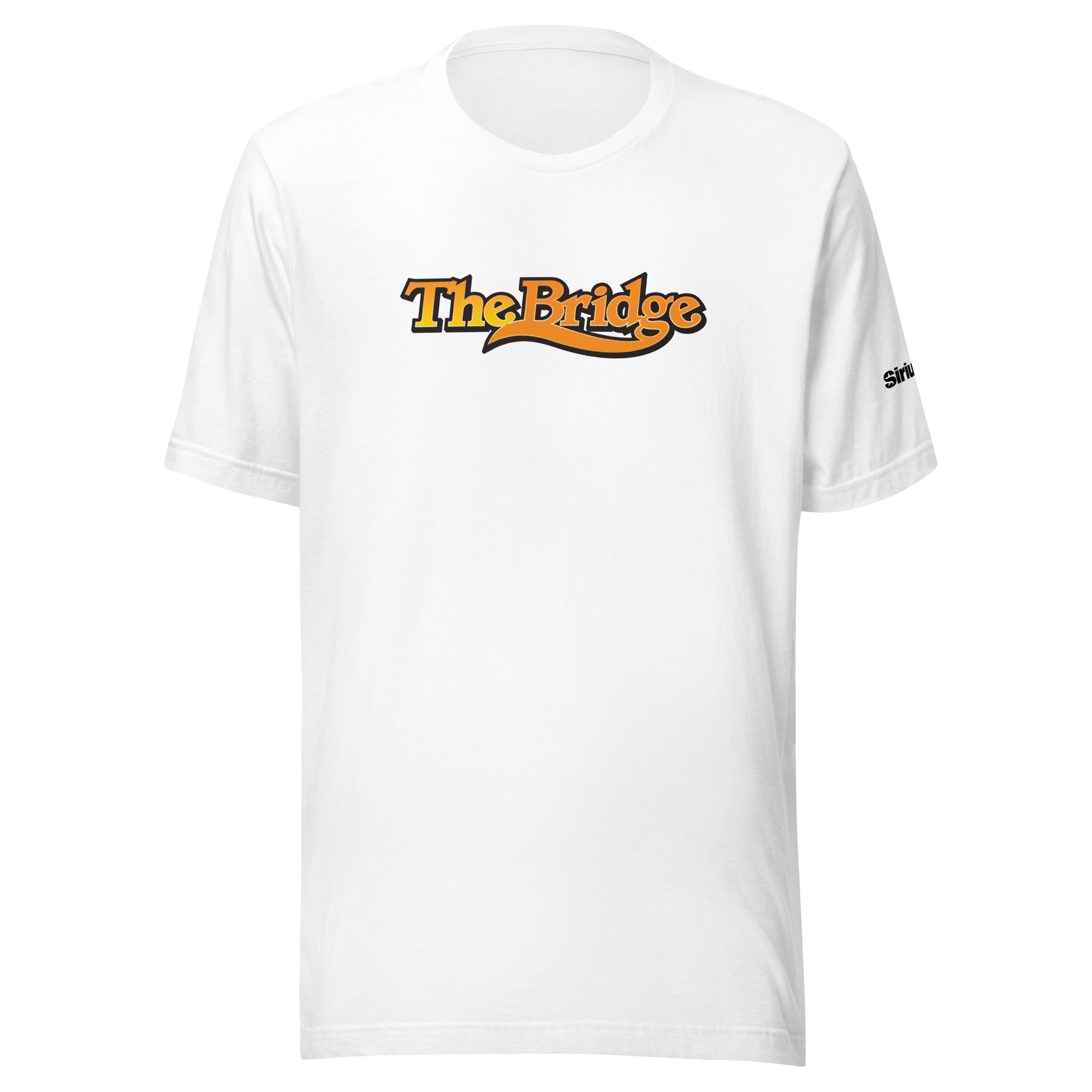 White t-shirt featuring 'The Bridge' logo in orange and black.