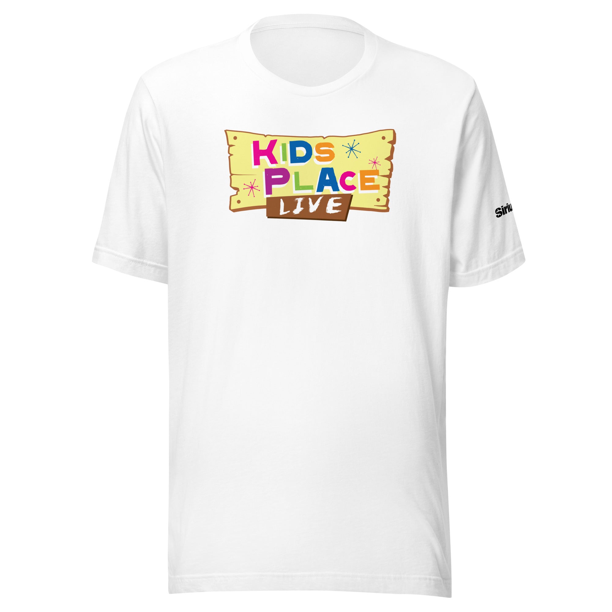White t-shirt featuring the 'KIDS PLACE LIVE' logo in colorful letters on an illustrative sign design.