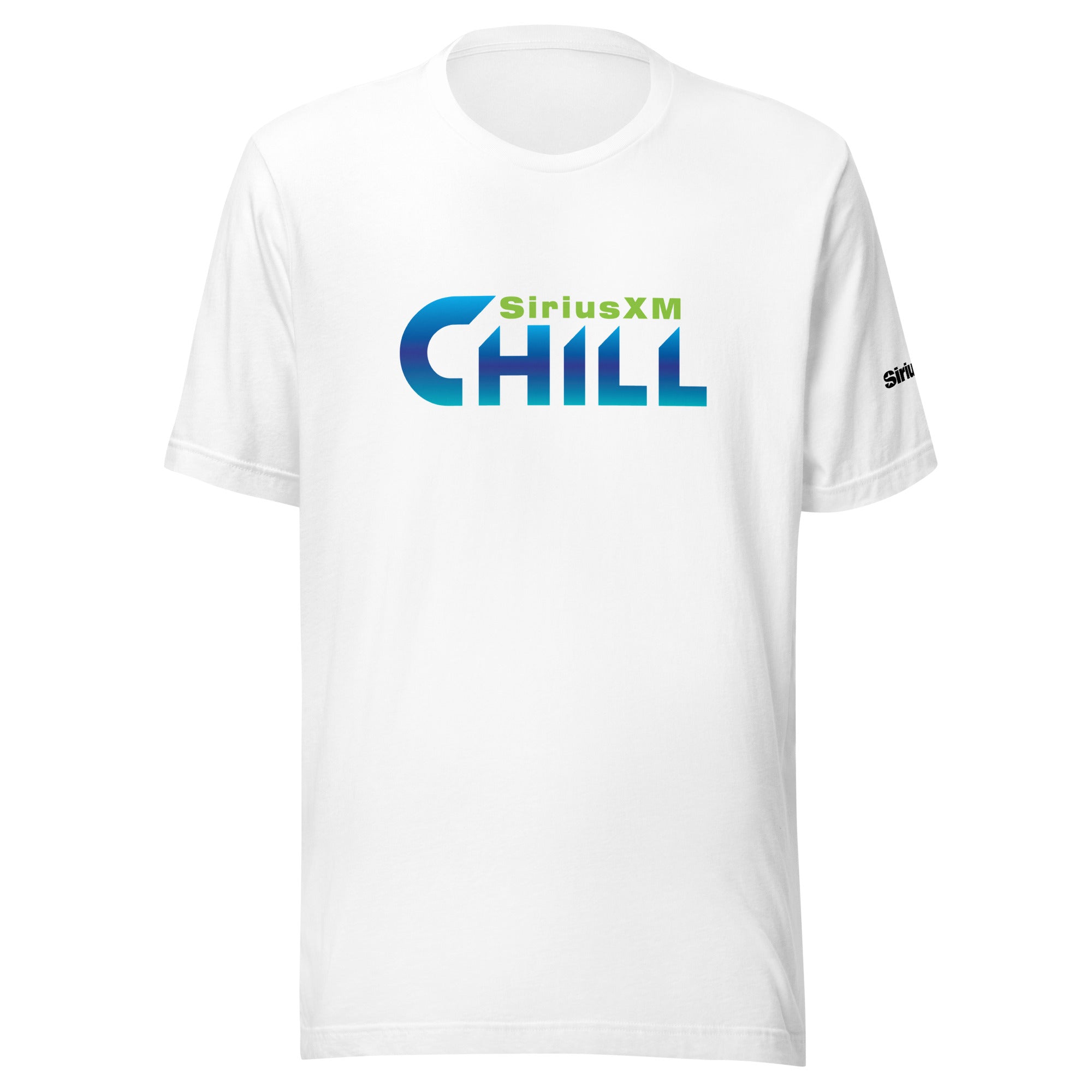 White t-shirt featuring the text 'SiriusXM CHILL' in blue and green gradient on the front.