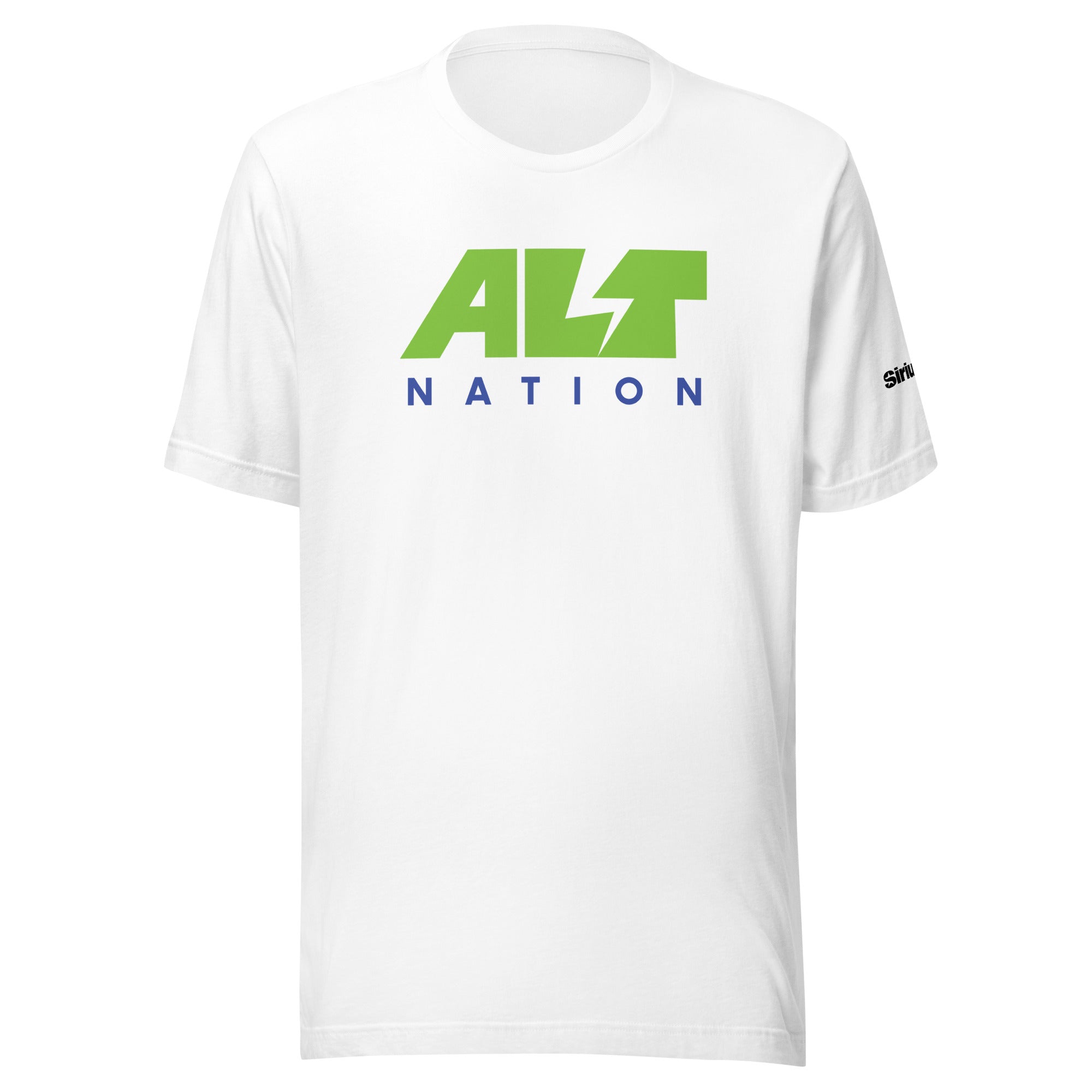 White t-shirt featuring 'ALT NATION' in green and blue letters, with a logo on the sleeve.