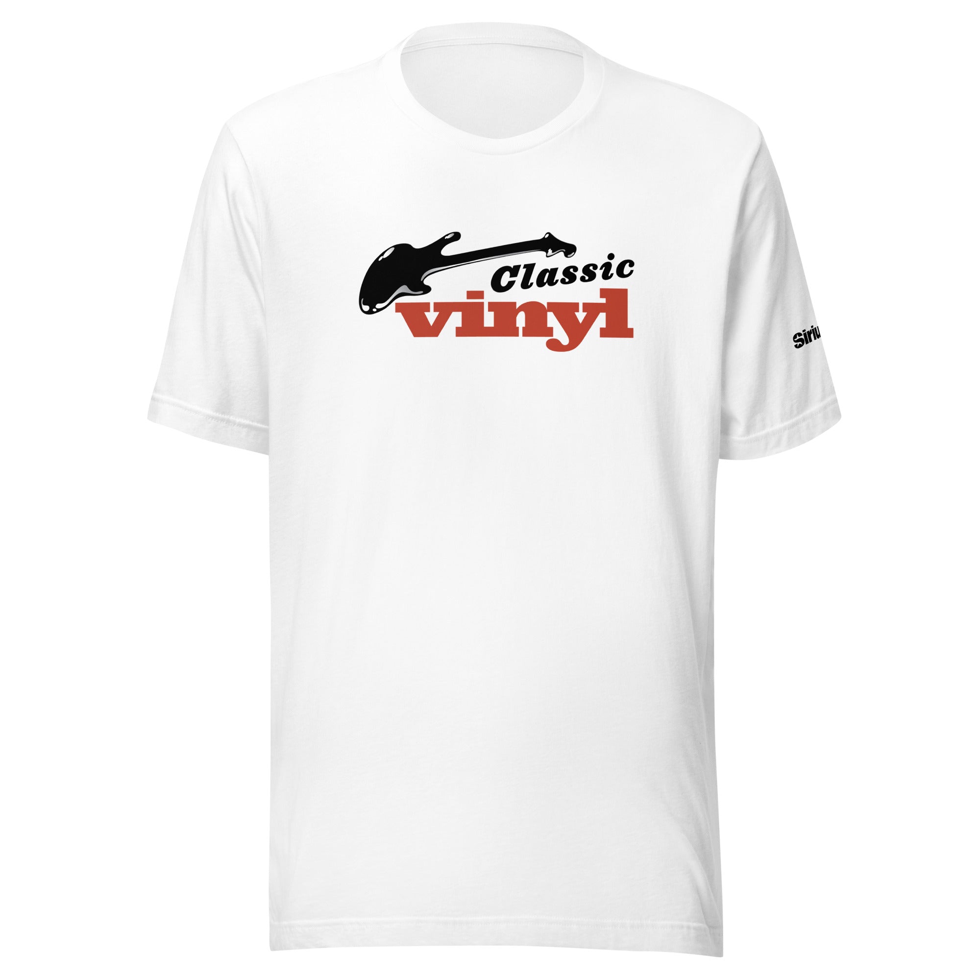 White t-shirt with 'Classic Vinyl' text in black and red and a design of a guitar.