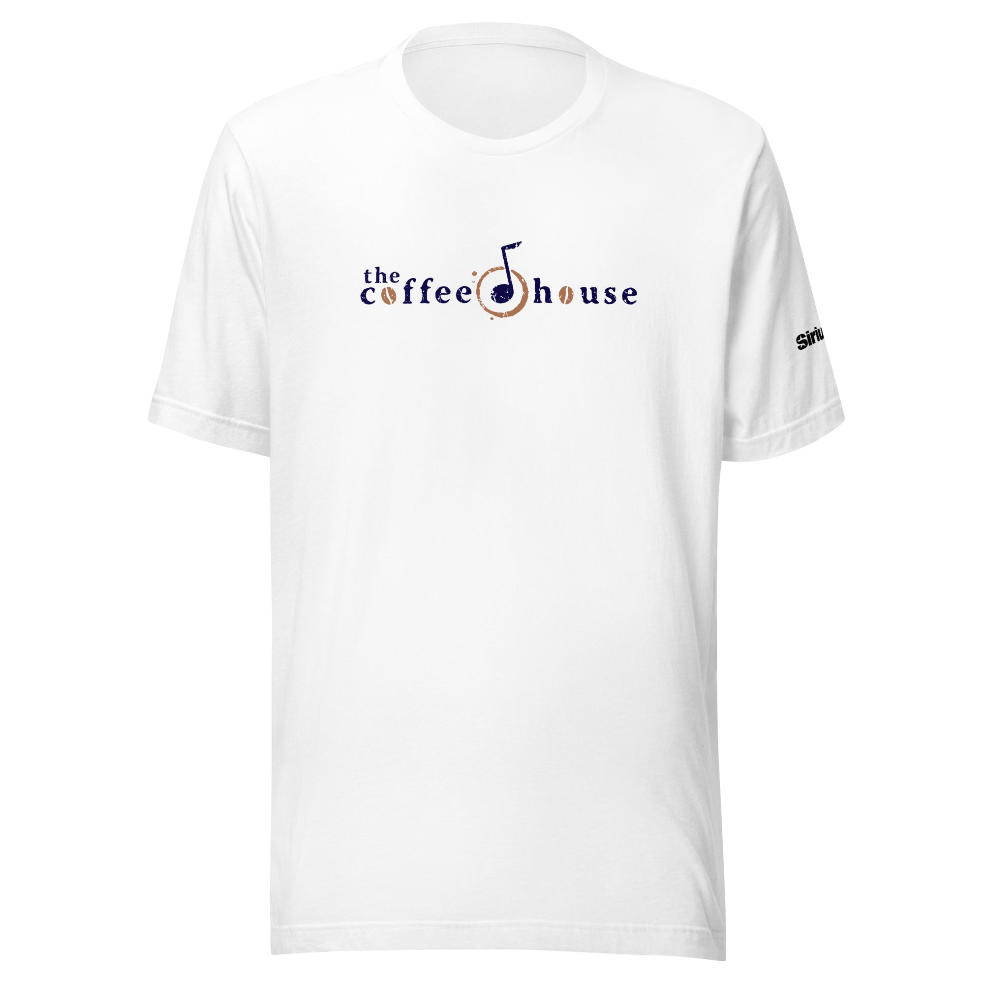 White t-shirt with 'the coffee house' logo featuring a musical note and a coffee cup design.