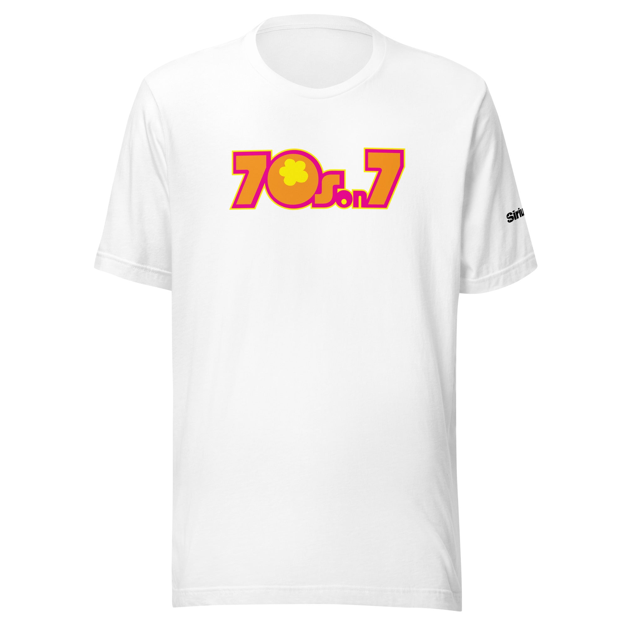White t-shirt with colorful '70s on 7' logo in pink, yellow and orange and featuring a flower.