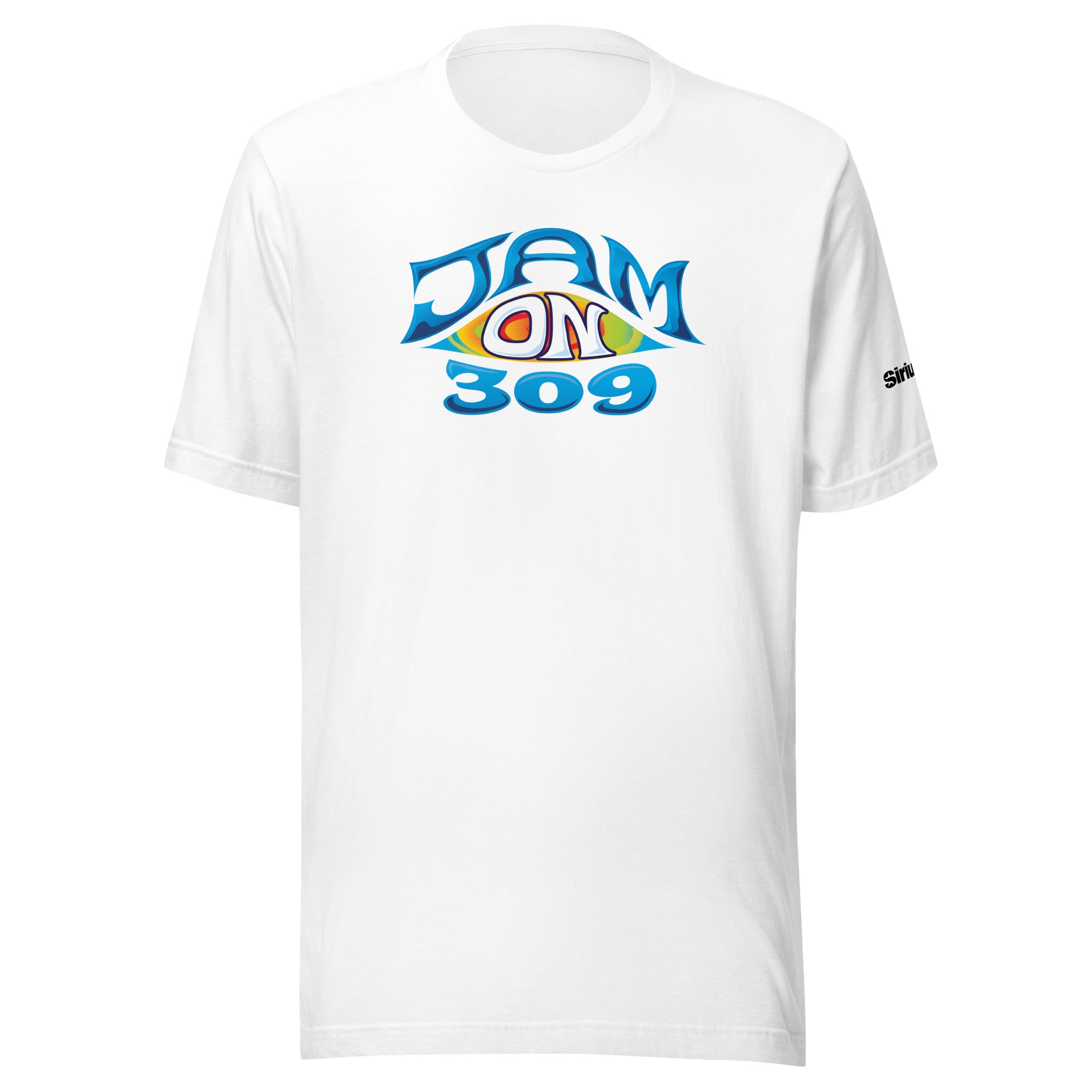 White t-shirt featuring colorful 'JAM ON 309' graphic with blue text on the front.