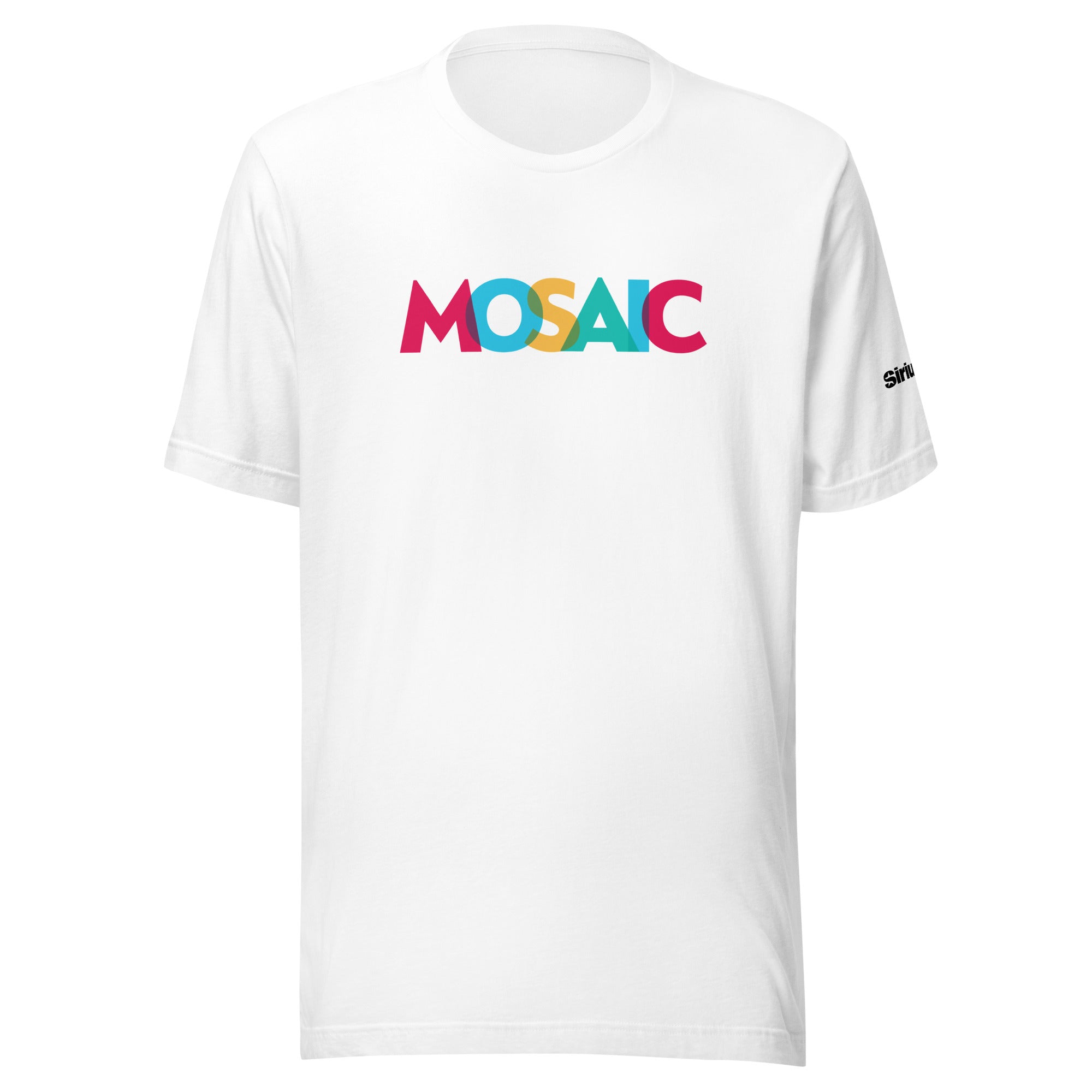 White t-shirt featuring the word 'MOSAIC' in cranberry, blue, yellow, and tourquise.