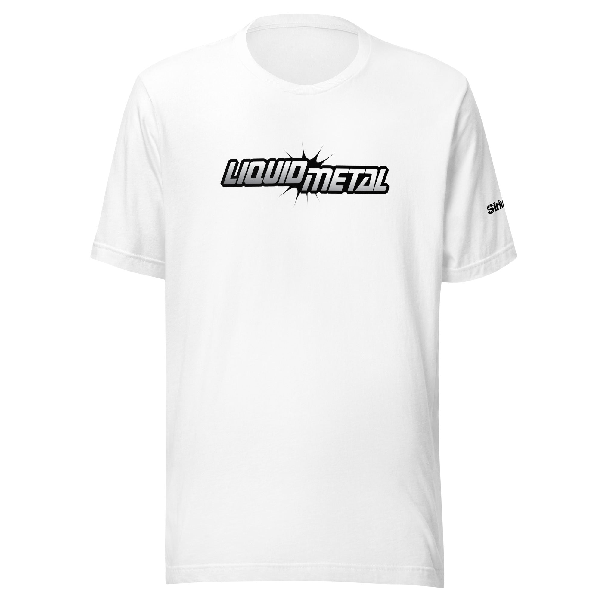 White t-shirt with 'LIQUIDMETAL' logo printed in bold black and stylized font on the front.
