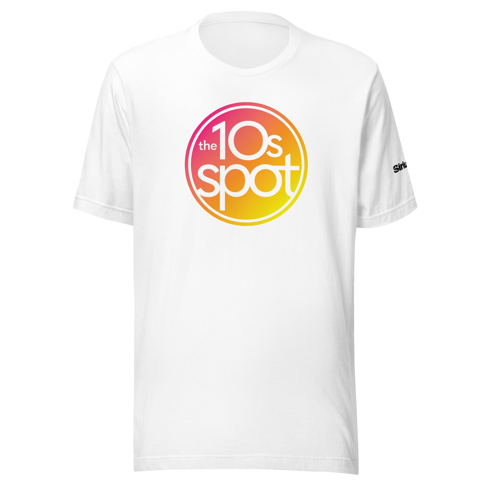 White t-shirt featuring a colorful circular logo in pinks and oranges with the text 'the 10s spot.'
