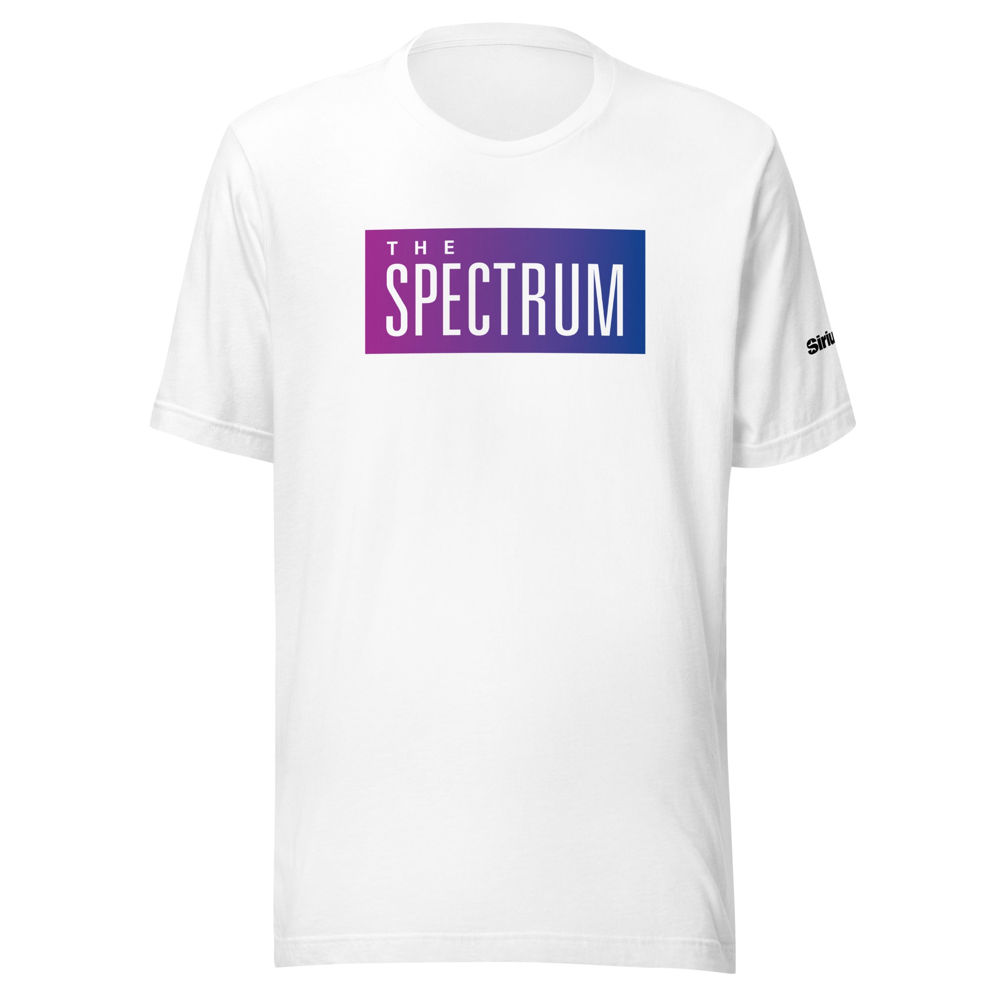White t-shirt featuring 'THE SPECTRUM' graphic in purple and blue gradient on the front.
