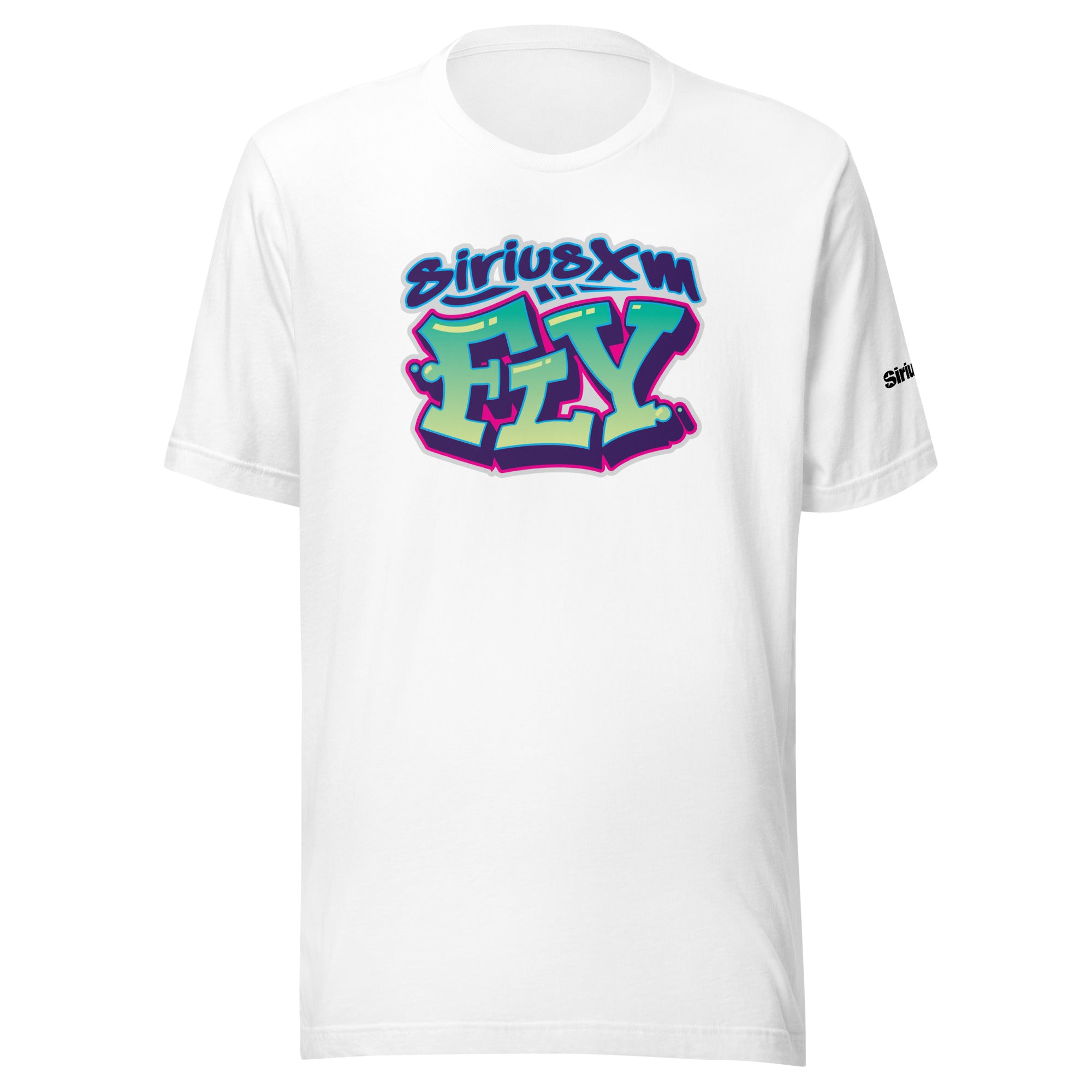 White t-shirt featuring prominent 'SiriusXM FLY' graffiti-style logo in blue, pink and green.