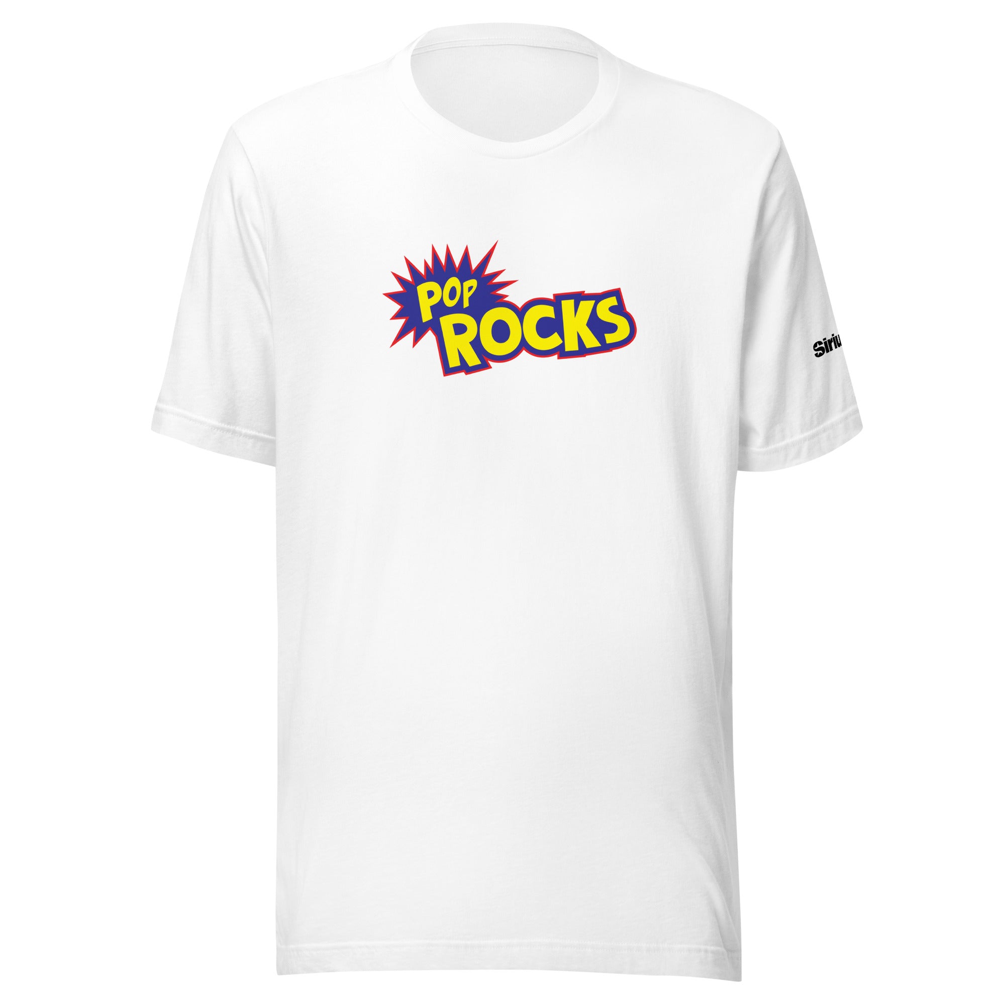 White t-shirt featuring a colorful 'Pop Rocks' logo on the front in blue, yellow and red.