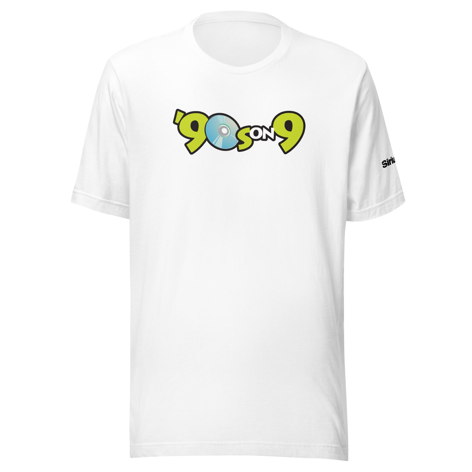 White t-shirt featuring the text ''90s on 9' in light blue and vivid green with a CD graphic.