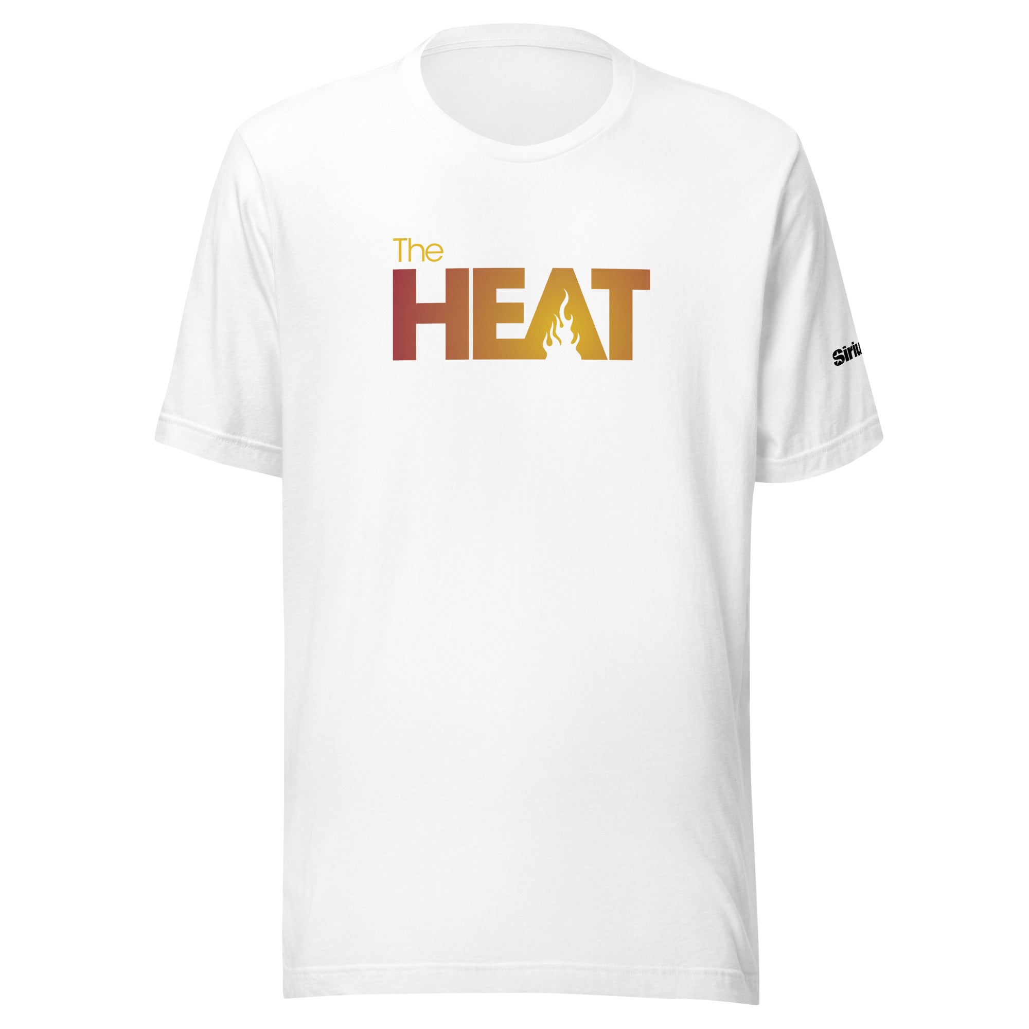 White t-shirt featuring the text 'The HEAT' in bold gold to yellow gradient with a flame graphic.