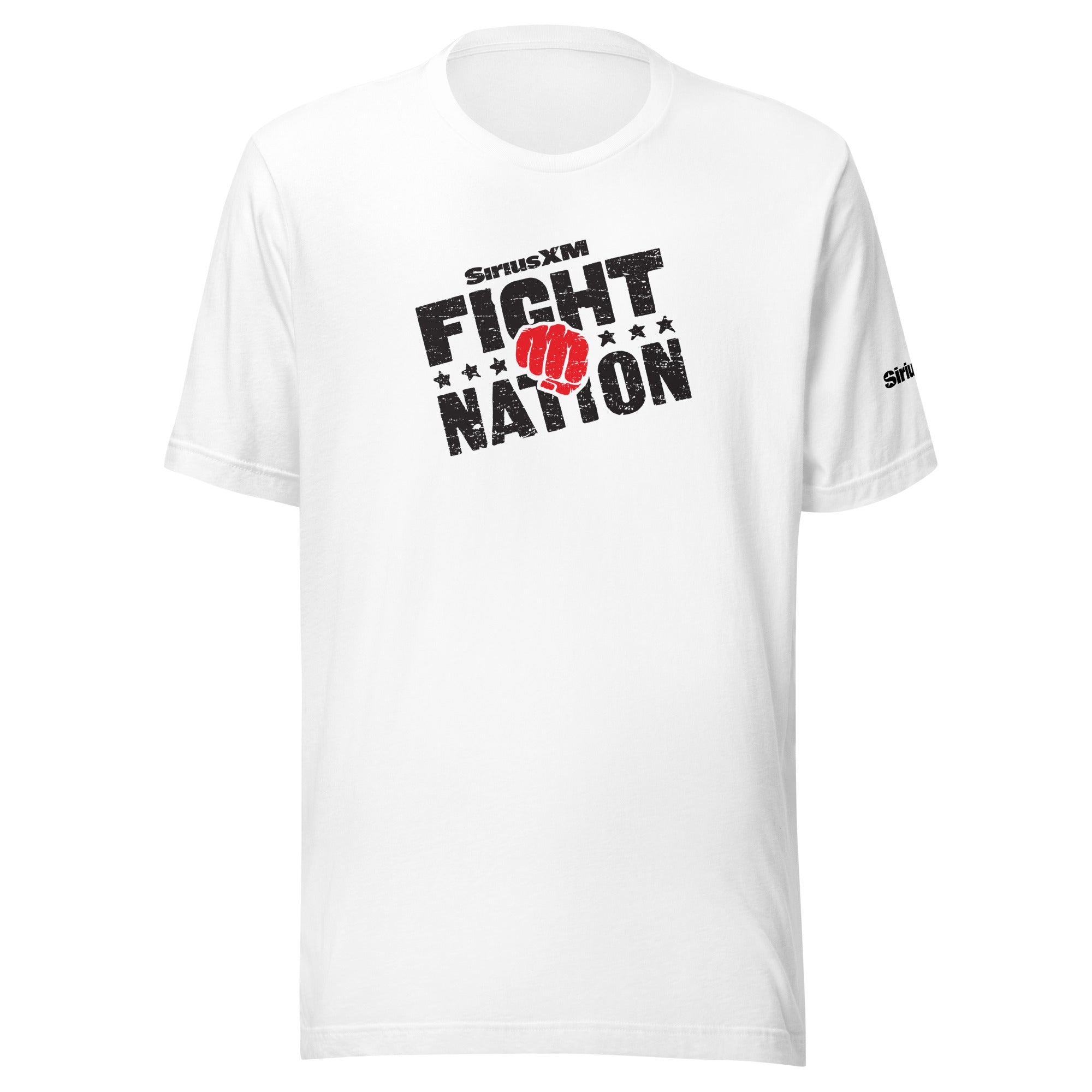 White t-shirt featuring 'SiriusXM FIGHT NATION' graphic with stars in black with a red fist.
