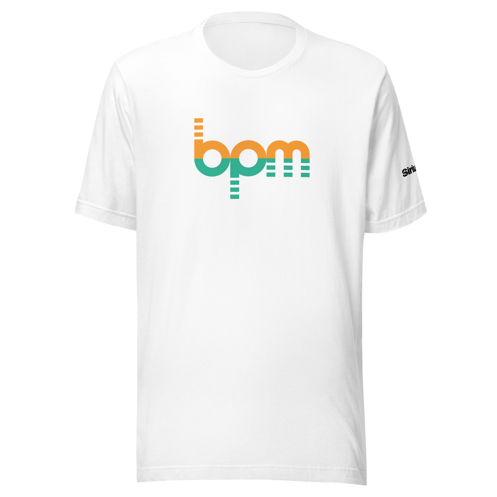 White t-shirt featuring a colorful 'bpm' graphic design in orange and green on the front.