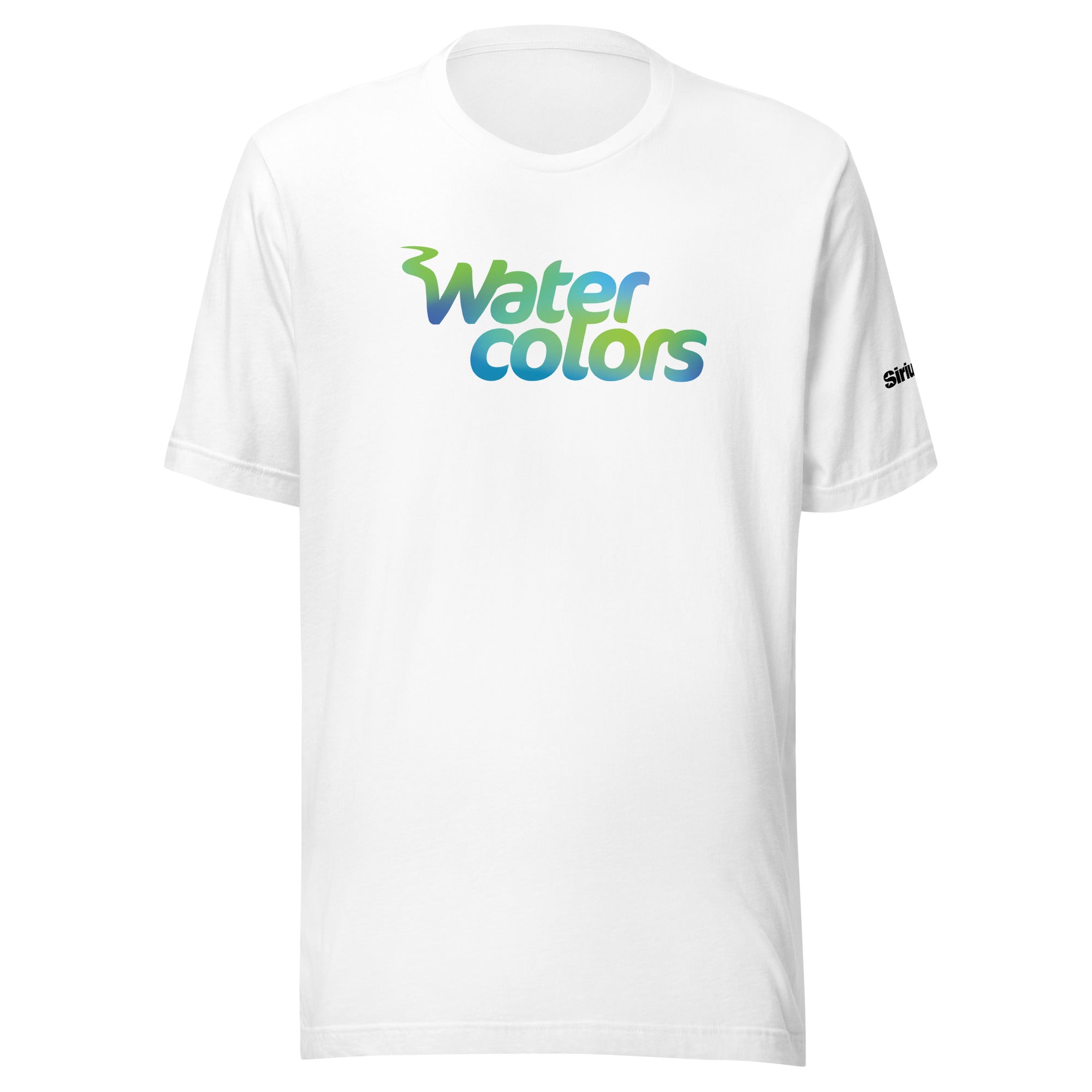 White t-shirt featuring the text 'Water Colors' in a gradient green and blue design, with a 'SiriusXM" logo on the sleeve.