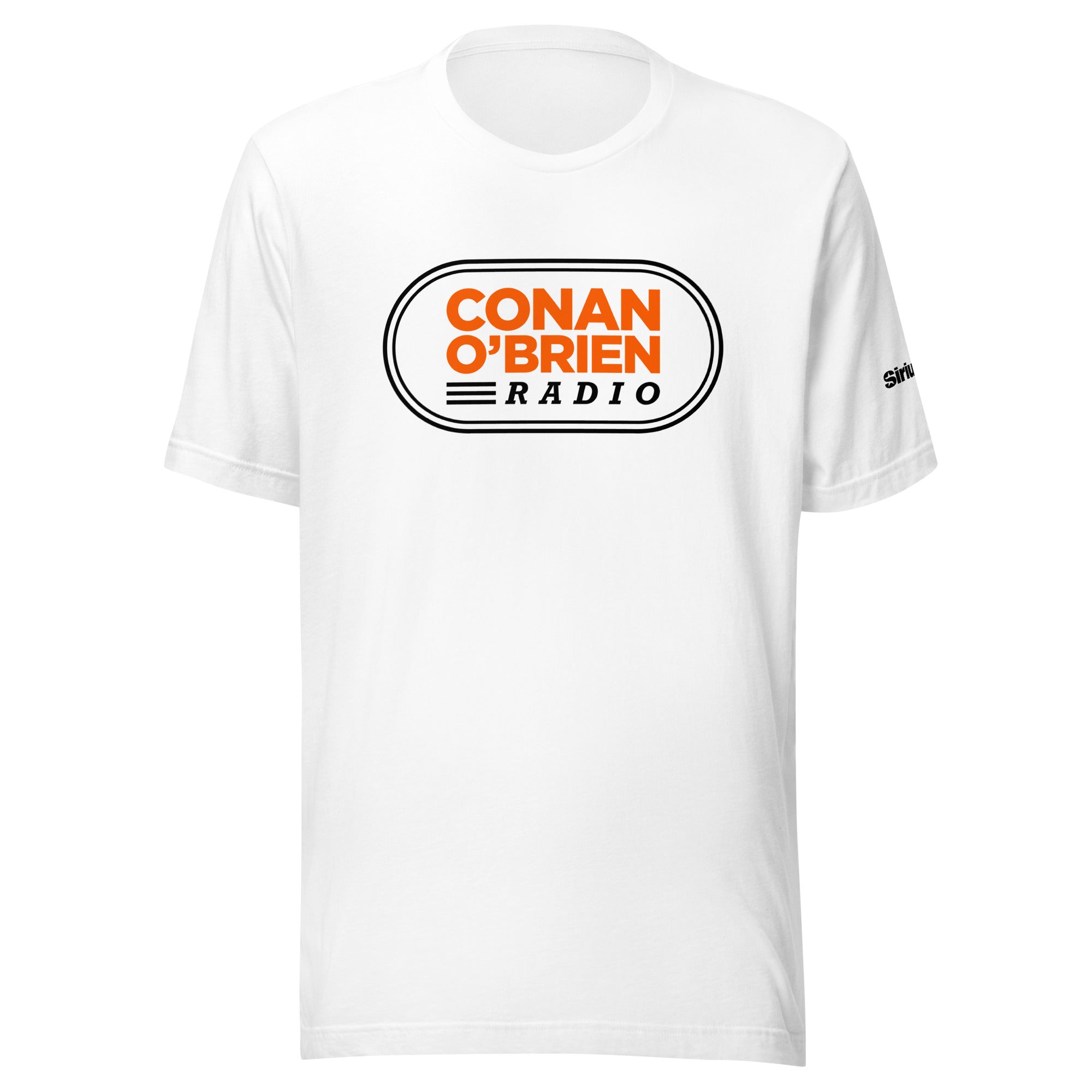 White t-shirt featuring 'CONAN O'BRIEN RADIO' logo in black and orange.