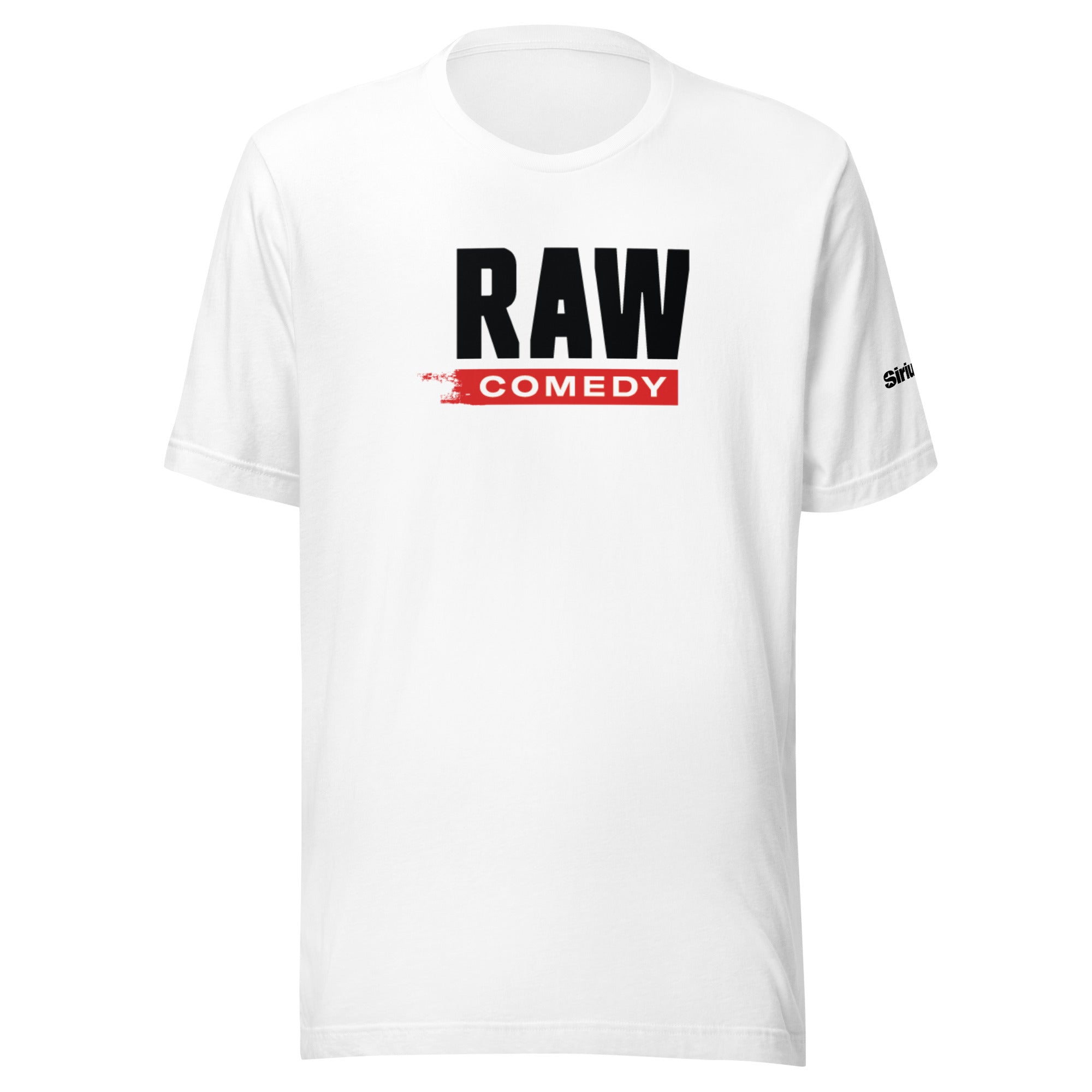 White t-shirt featuring 'RAW COMEDY' text in black and red.