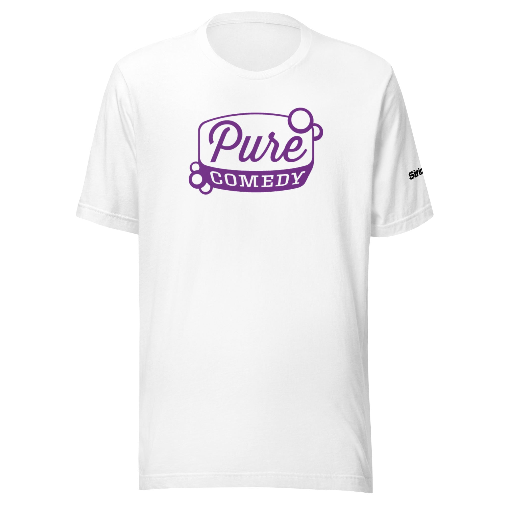 White t-shirt with 'Pure Comedy' in purple lettering.