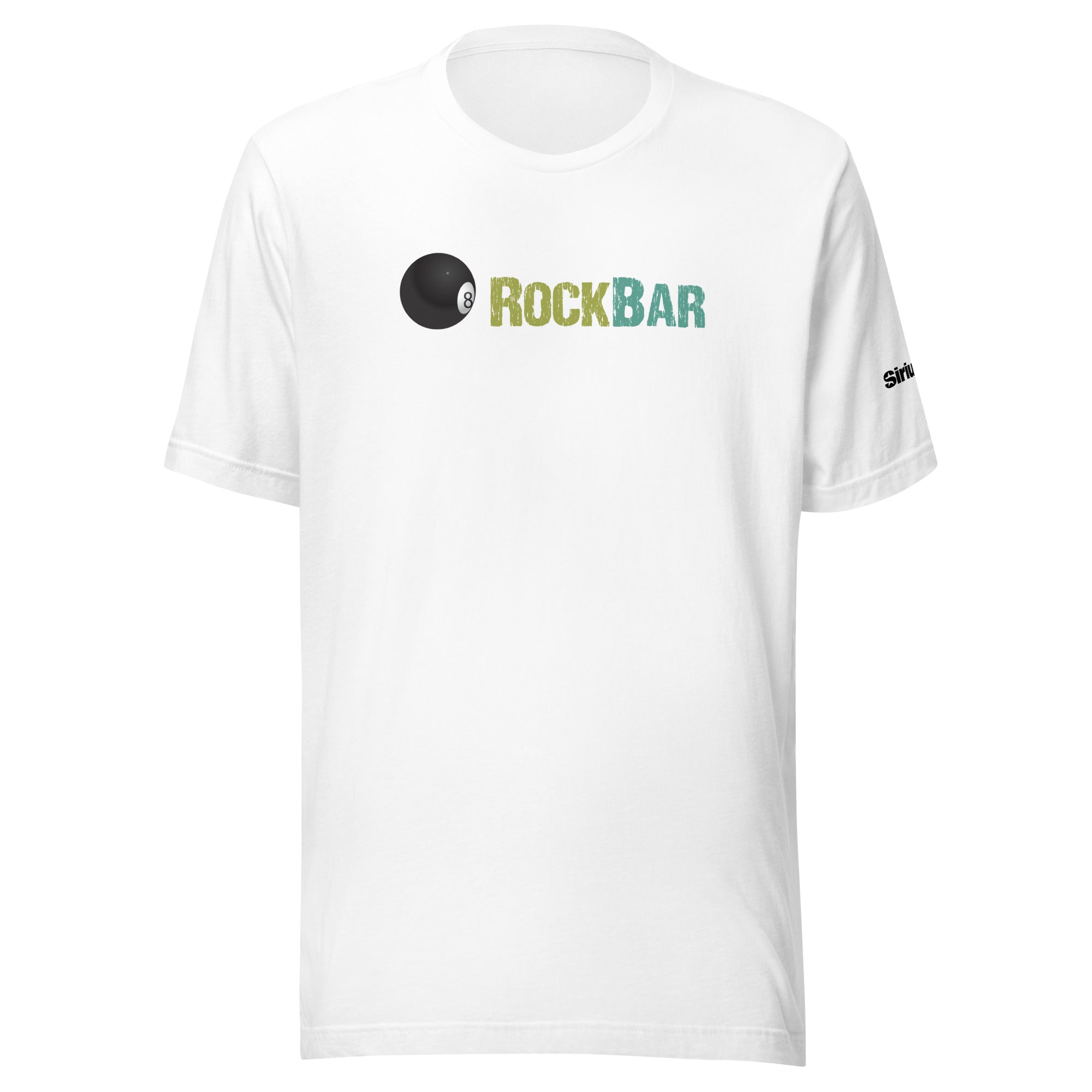 White t-shirt featuring 'RockBar' text and an 8-ball graphic on the front.