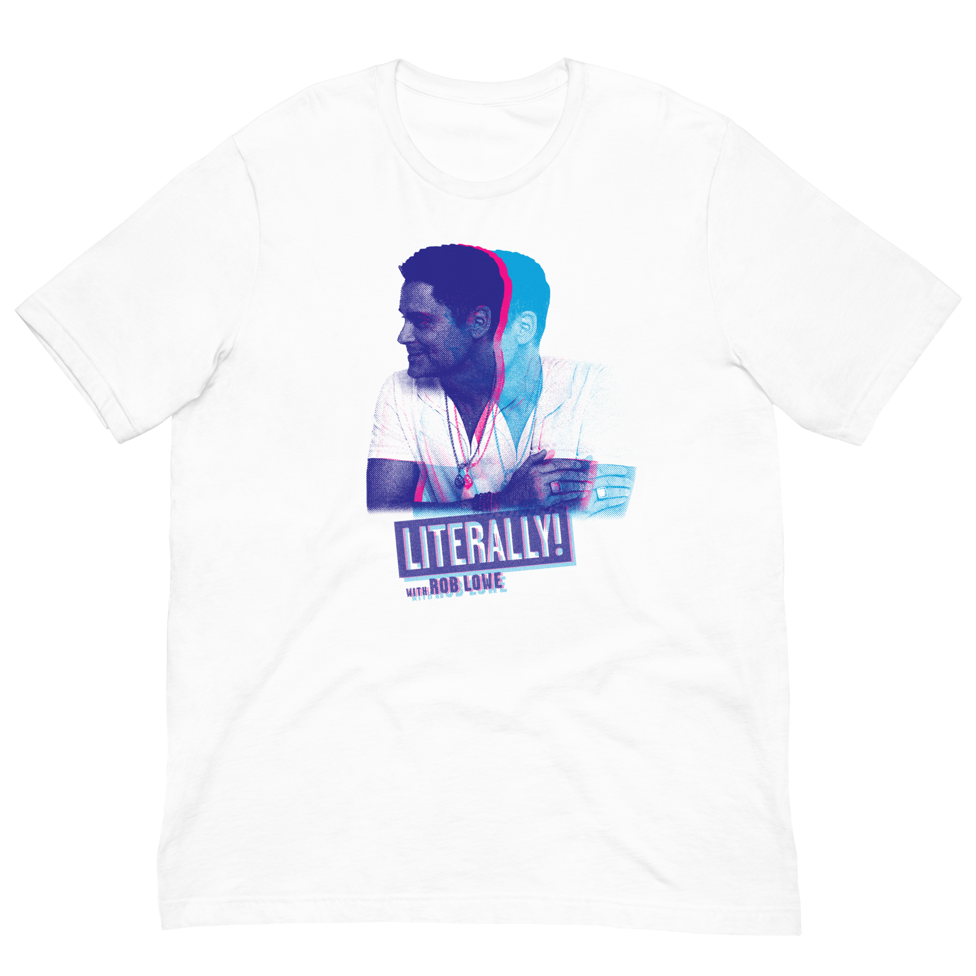 White t-shirt featuring a repeated graphic of a person with the text 'LITERALLY! with Rob Lowe' in vibrant purple and blue colors, on a black background.