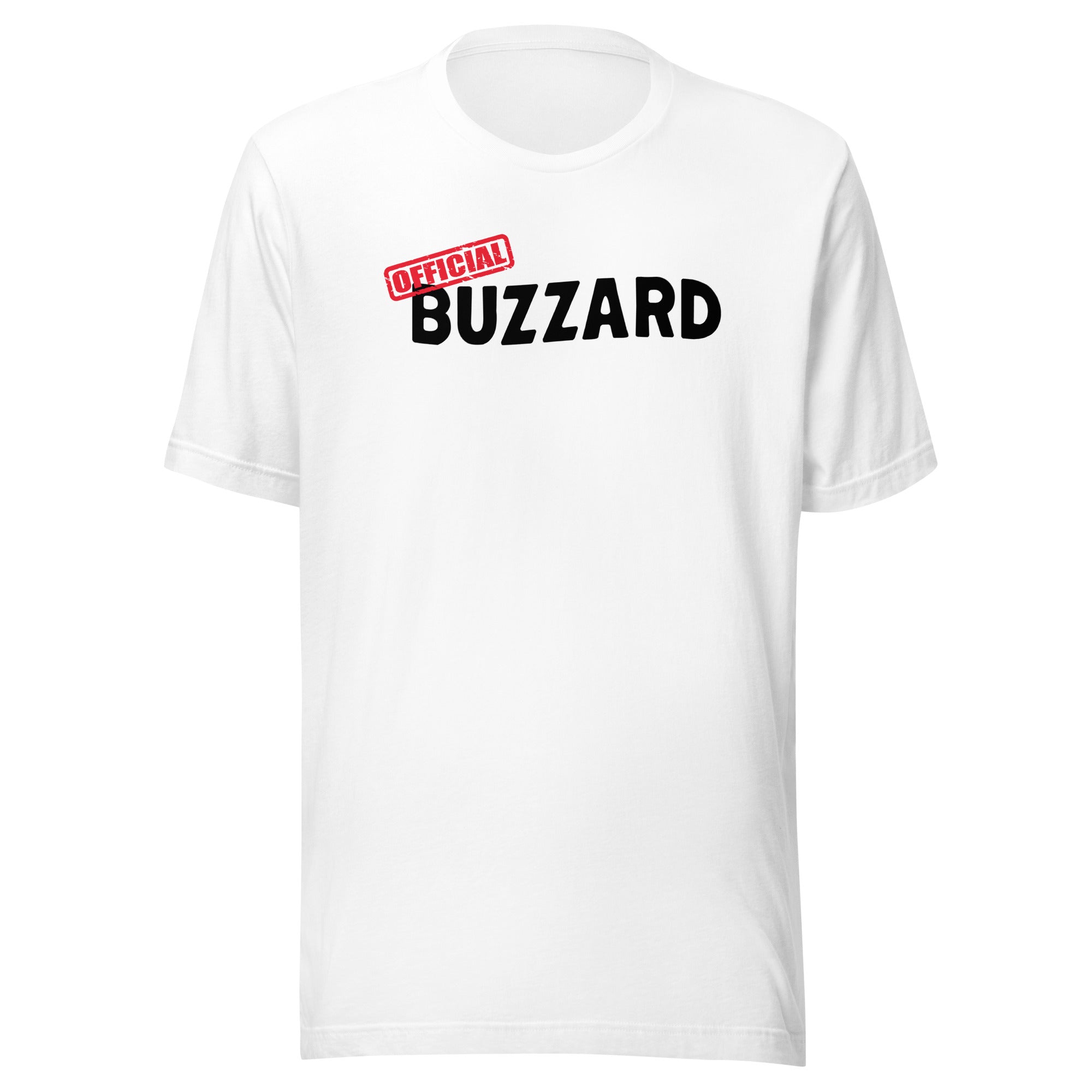 White t-shirt featuring the text 'OFFICIAL BUZZARD' in bold black letters, with 'OFFICIAL' in red.