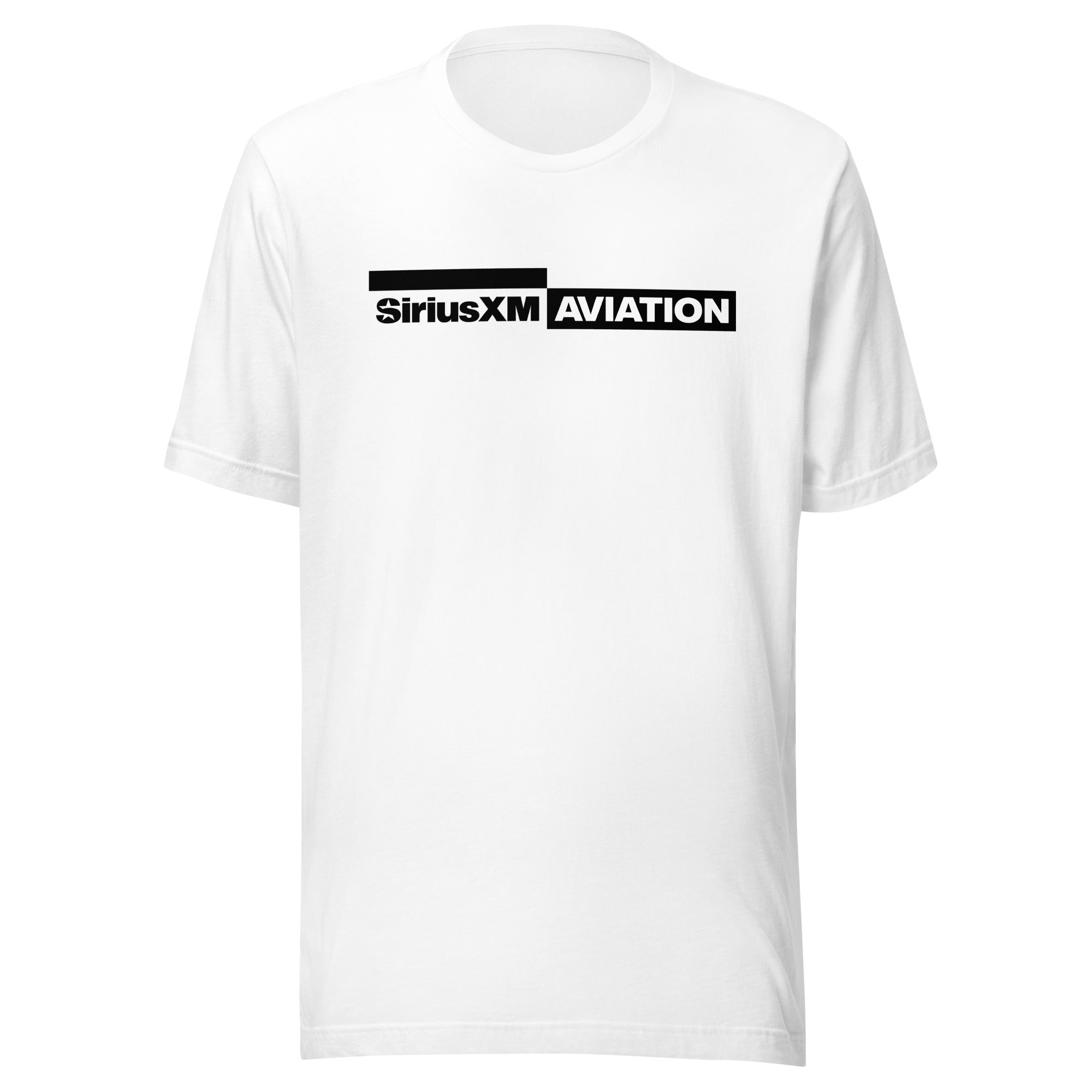 White t-shirt featuring 'SiriusXM AVIATION' in bold black text.