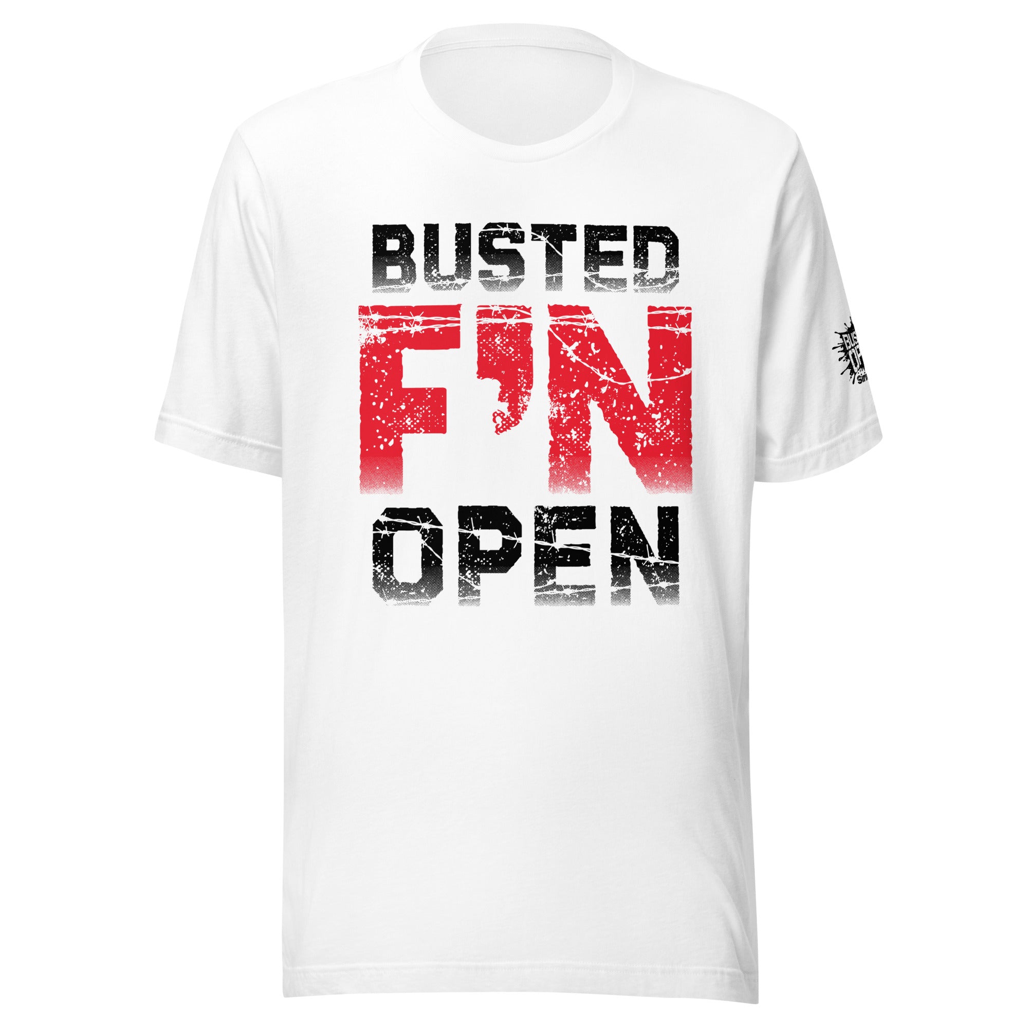 White t-shirt featuring bold text: 'BUSTED F'N OPEN' in red and black distressed lettering.