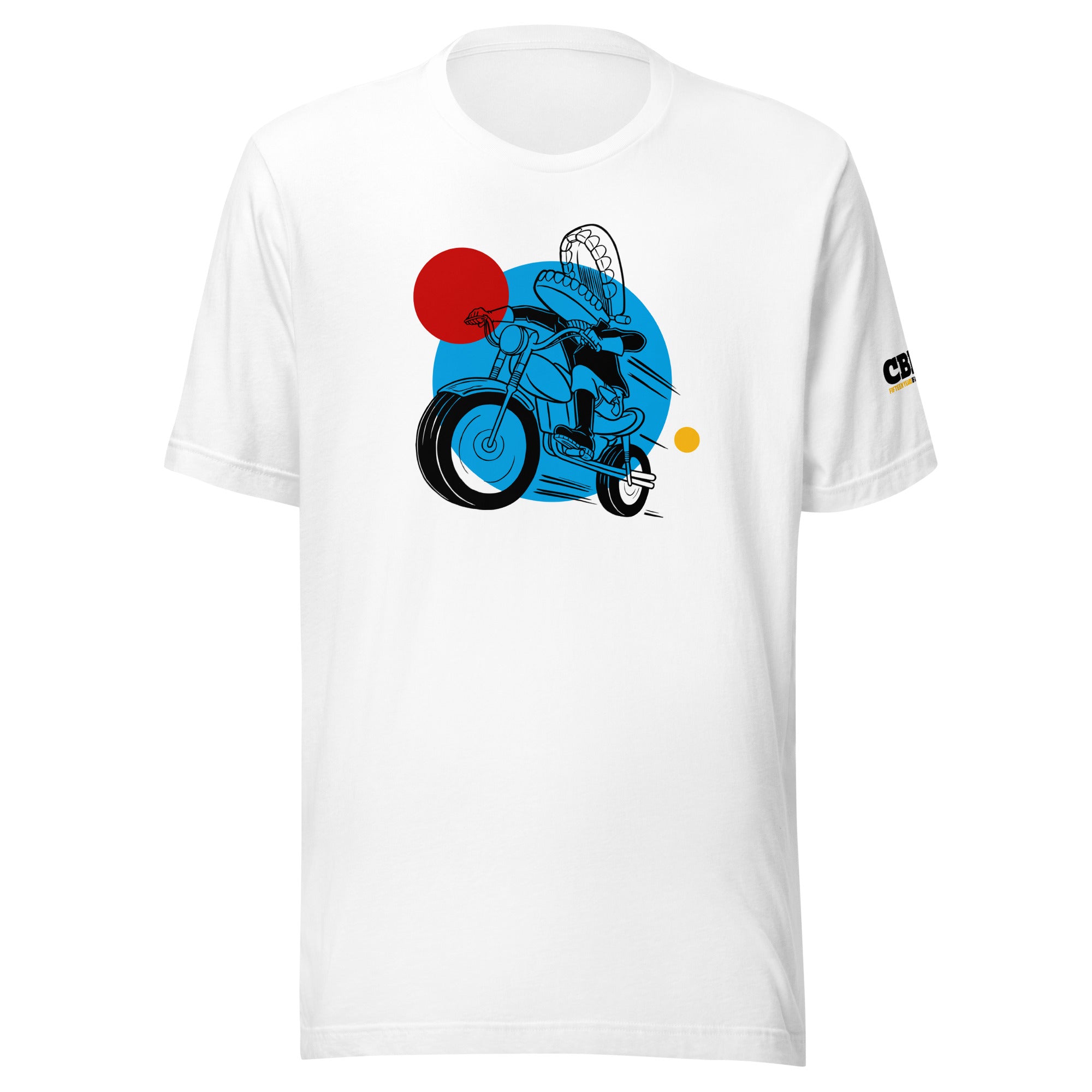 White t-shirt featuring a graphic of a cyclist on a motorcycle with circular blue and red background elements.