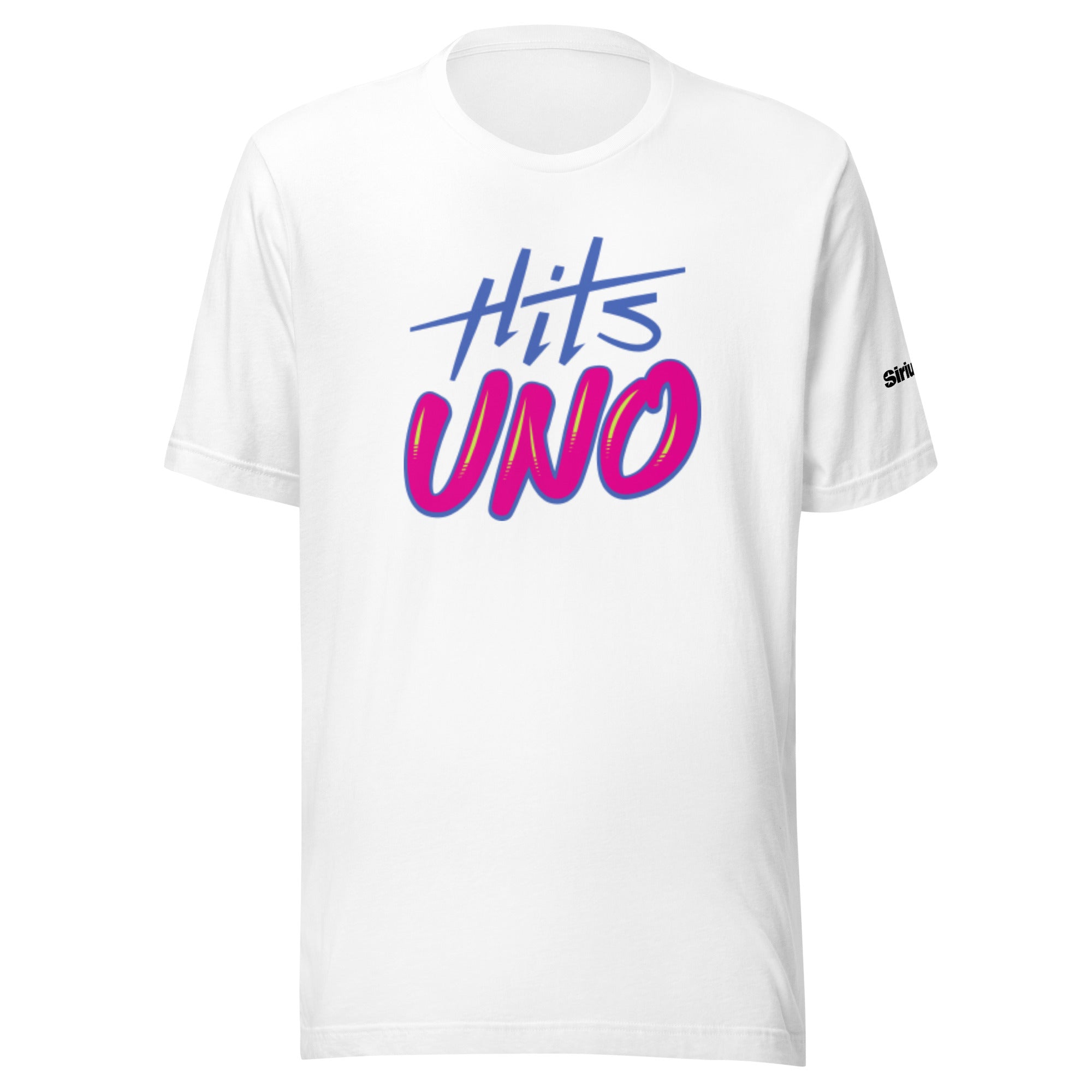 White t-shirt featuring 'Hits UNO' in blue and pink, stylized text design.