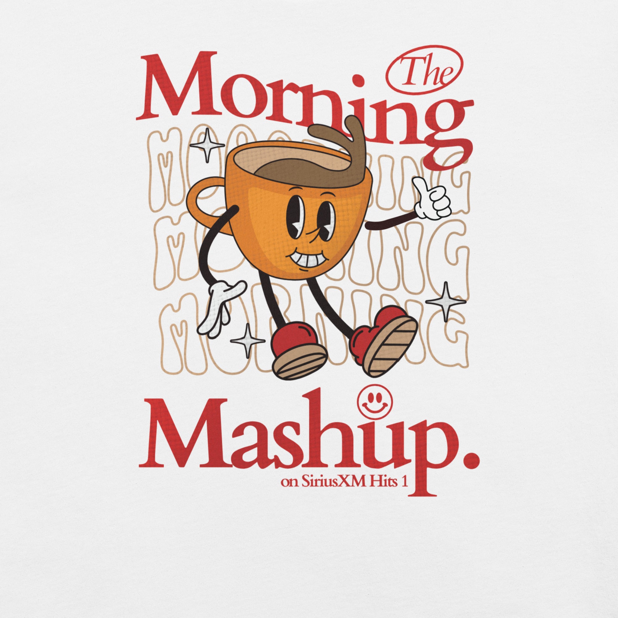 Zoomed-in graphic of an animated orange coffee cup with a wide smile, steam rising, red shoes, and a playful pose. Behind the character is repeated stylized 'Morning' text in a squiggly font, with red headline text reading 'The Morning Mashup' and a smiley face icon.