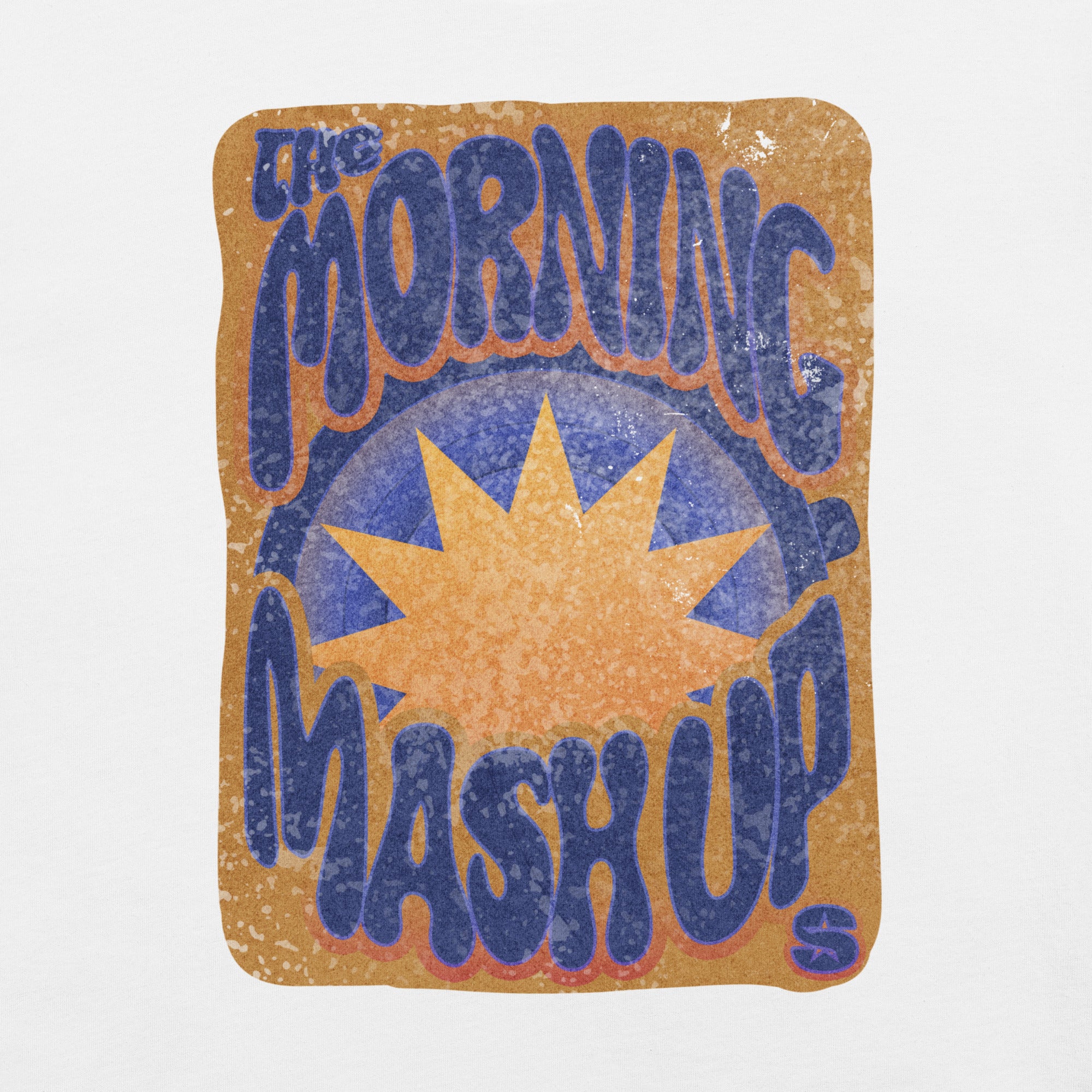 Close-up view of a white short-sleeve T-shirt laid flat, focusing on the front graphic. The distressed retro design reads 'The Morning Mash Up' in wavy blue letters surrounding an orange sunburst on a brown background. The SiriusXM 'S-Star' logo is visible in the bottom right corner of the graphic.